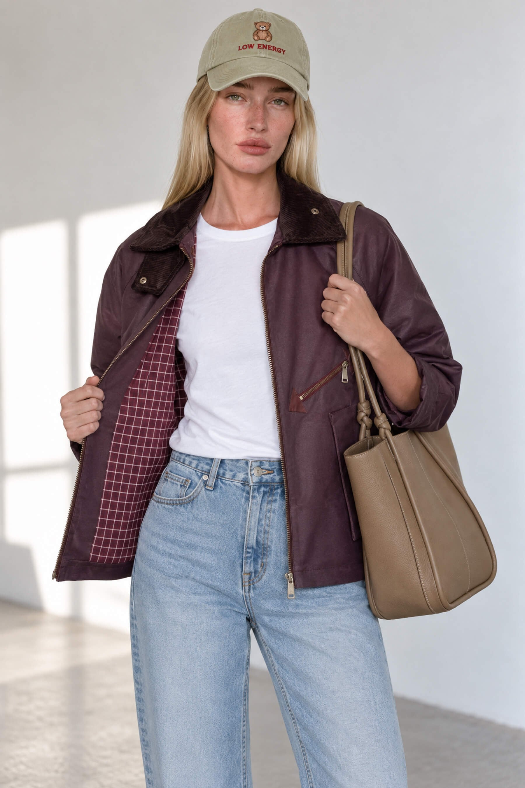 Bordo Kadife Yaka Ekose Astarlı Oversize Yağlı Ceket