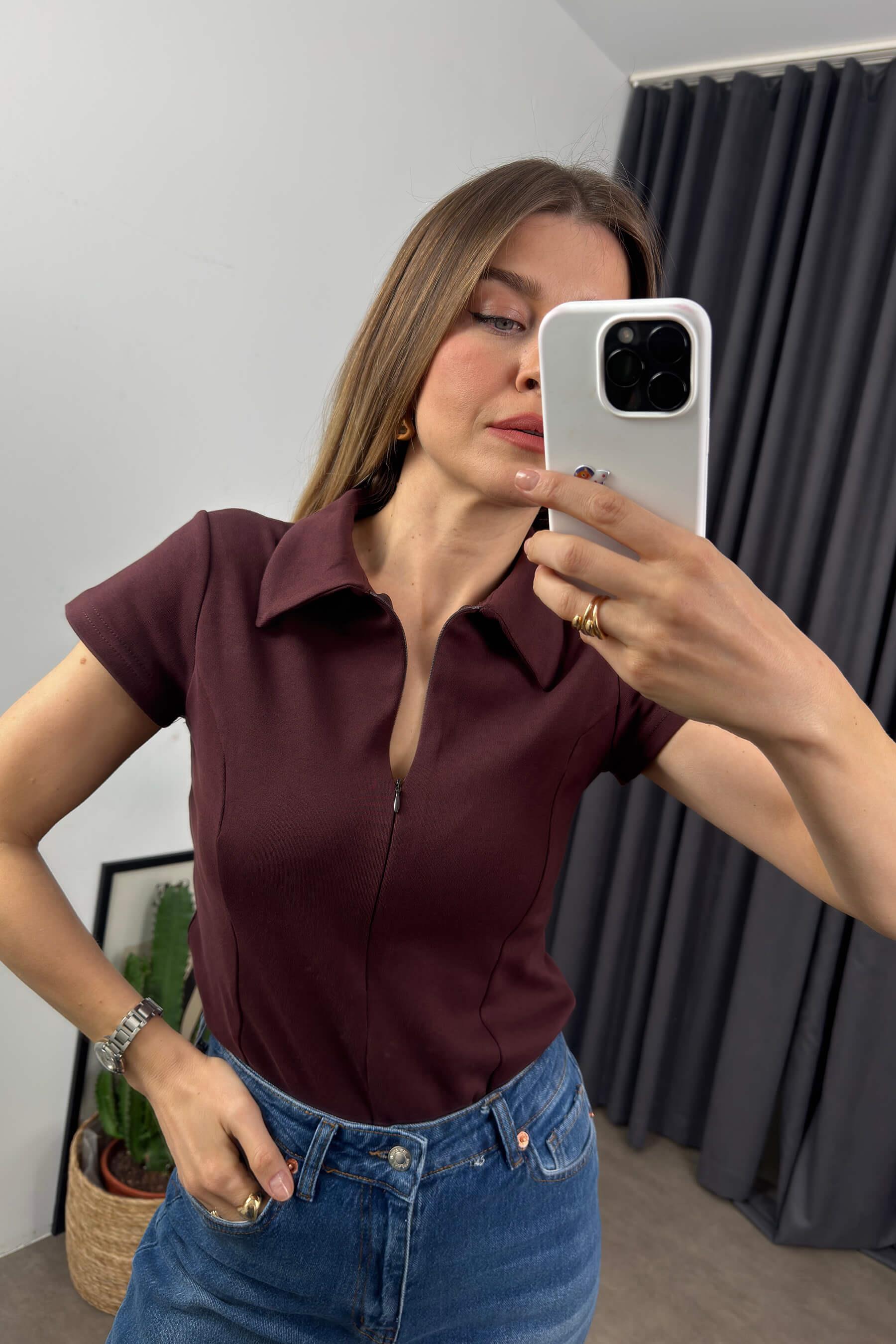 Bordo Kahve Gömlek Yaka Fermuarlı Dikiş Detaylı Bluz