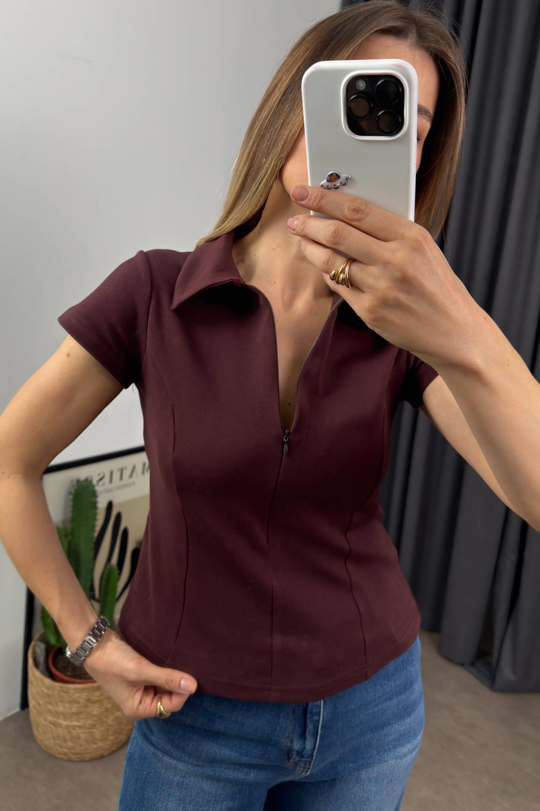 Bordo Kahve Gömlek Yaka Fermuarlı Dikiş Detaylı Bluz