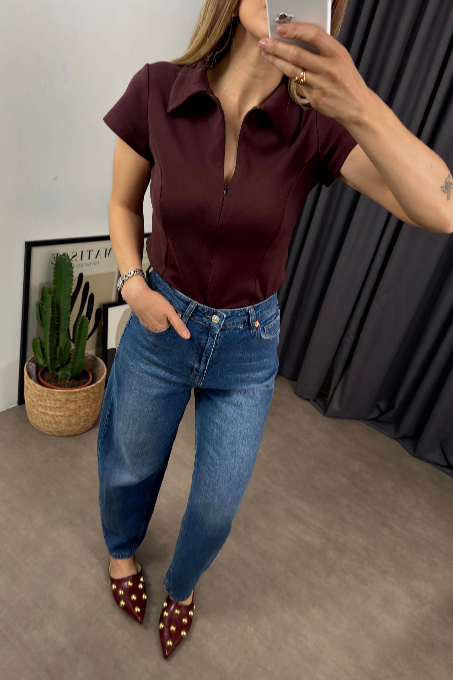 Bordo Kahve Gömlek Yaka Fermuarlı Dikiş Detaylı Bluz