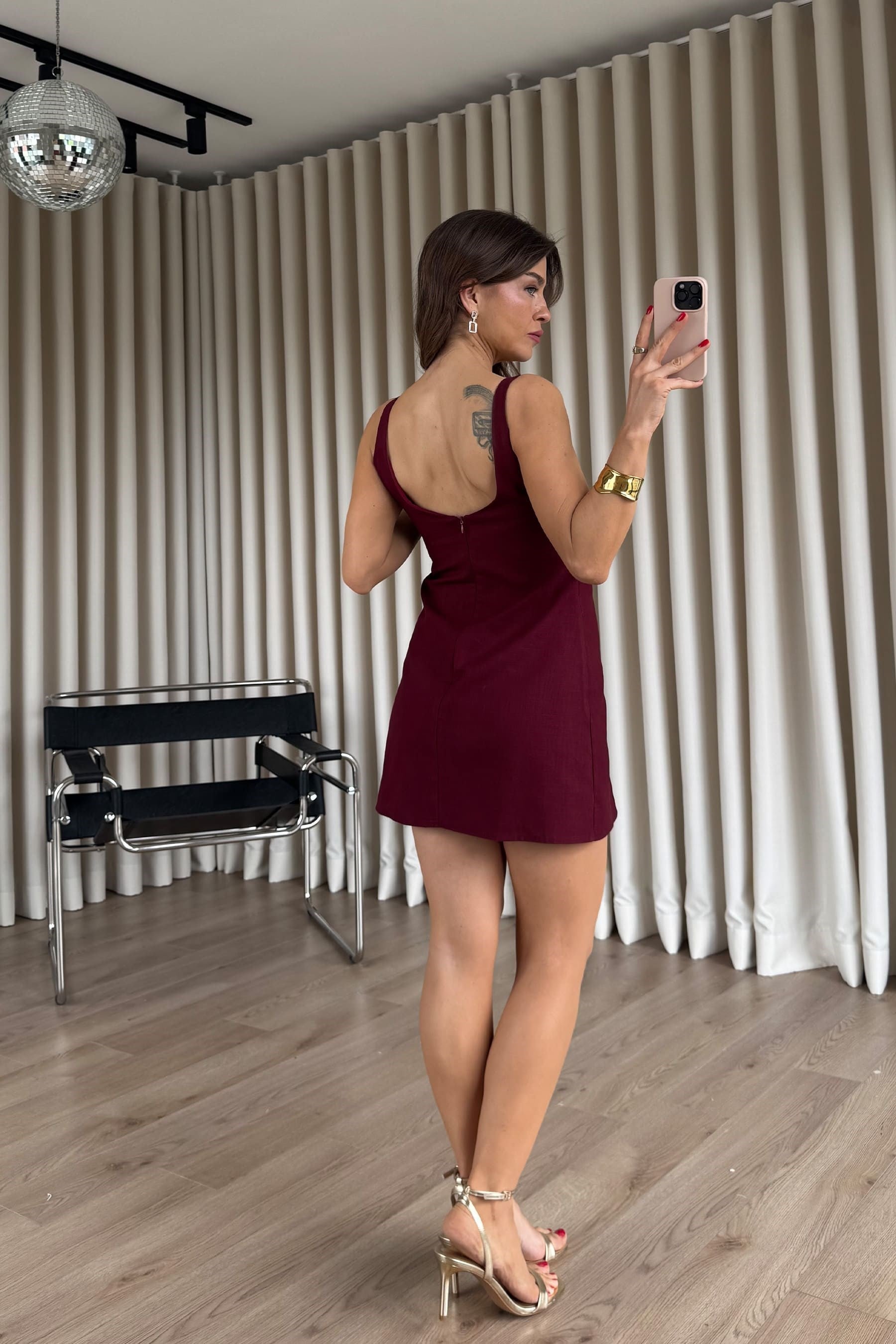 Bordo Kare Yaka Askılı Astarlı Premium Keten Dokulu Elbise