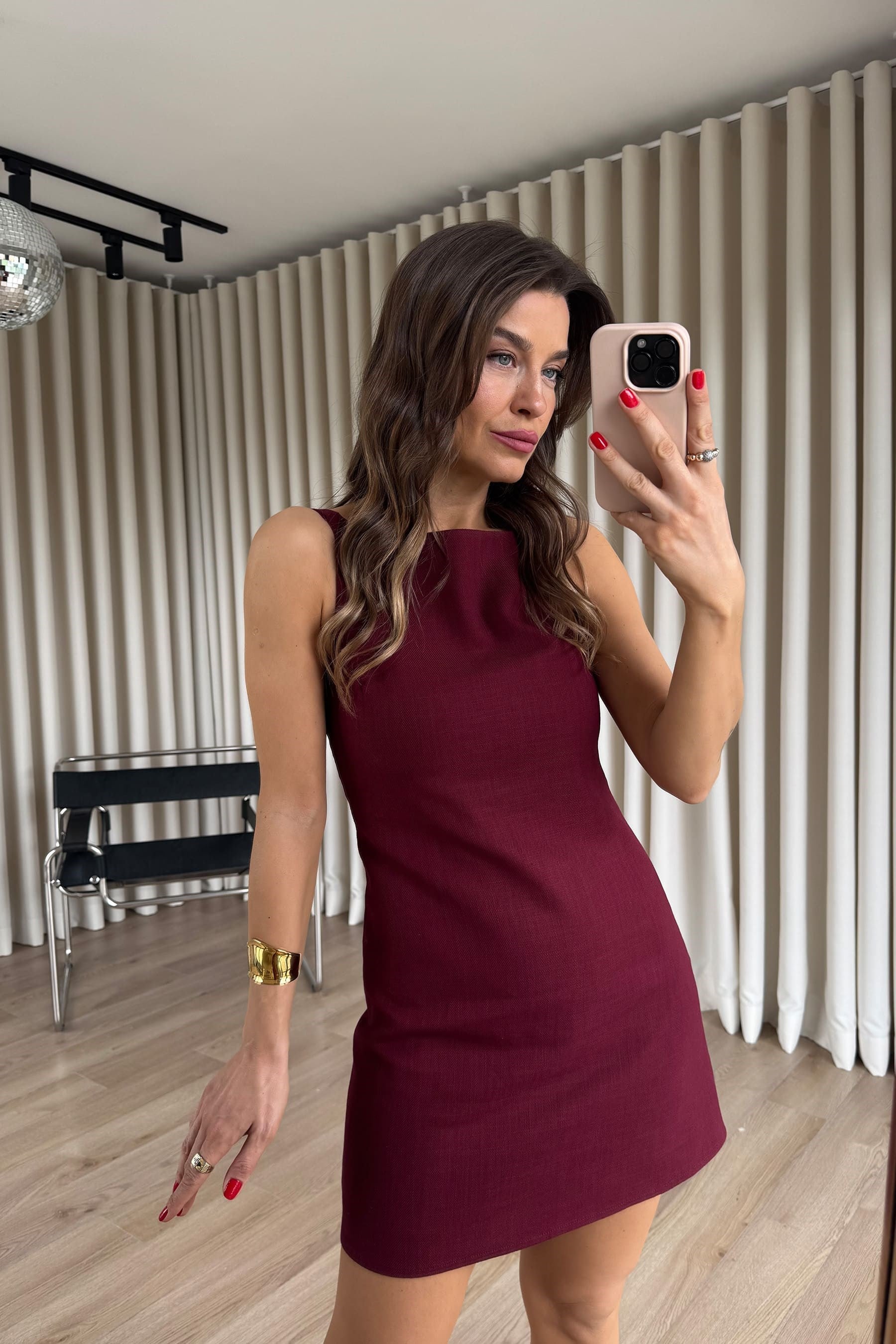 Bordo Kare Yaka Askılı Astarlı Premium Keten Dokulu Elbise