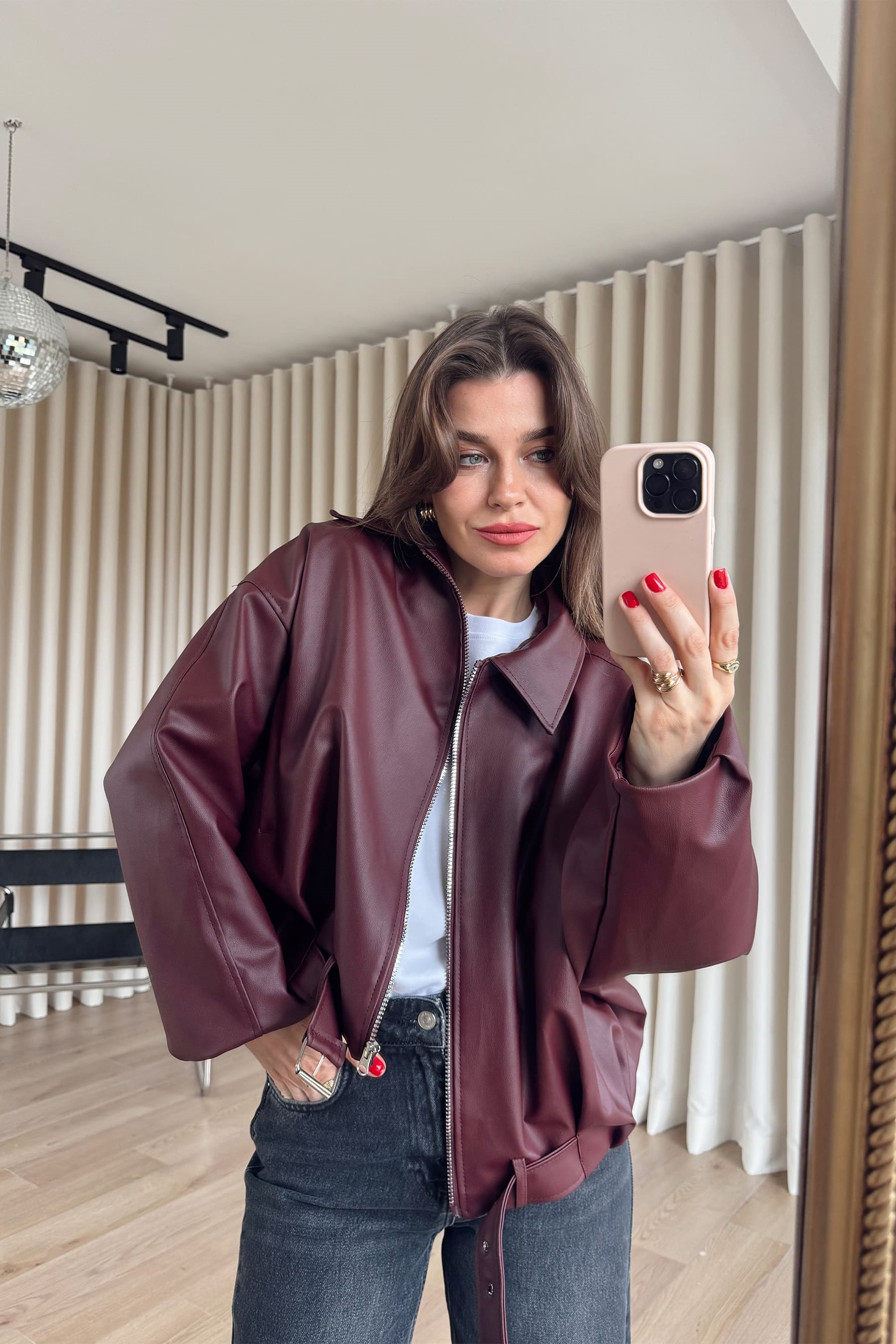 Bordo Kemer Detaylı Astarlı Oversize Bomber Deri Ceket