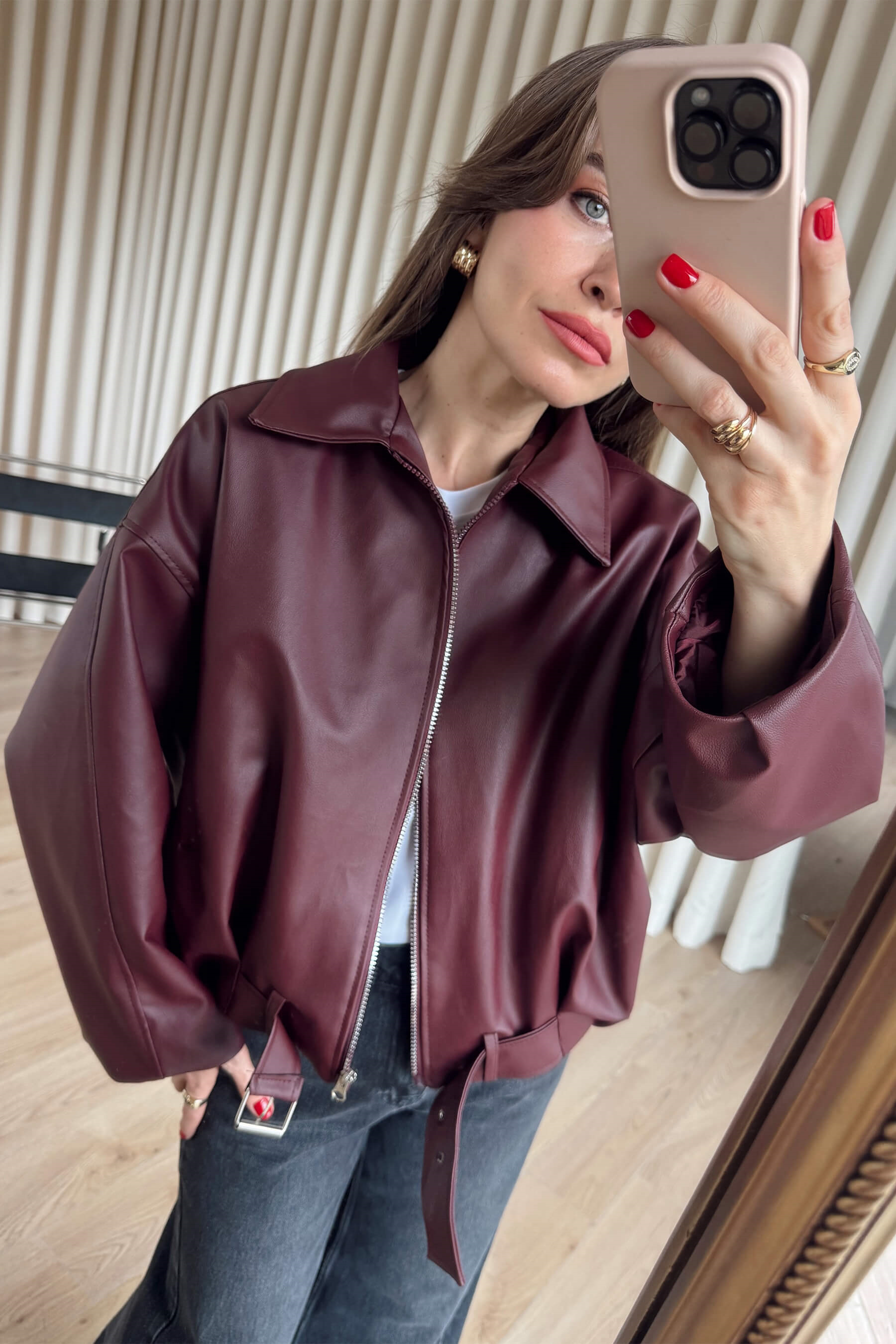 Bordo Kemer Detaylı Astarlı Oversize Bomber Deri Ceket