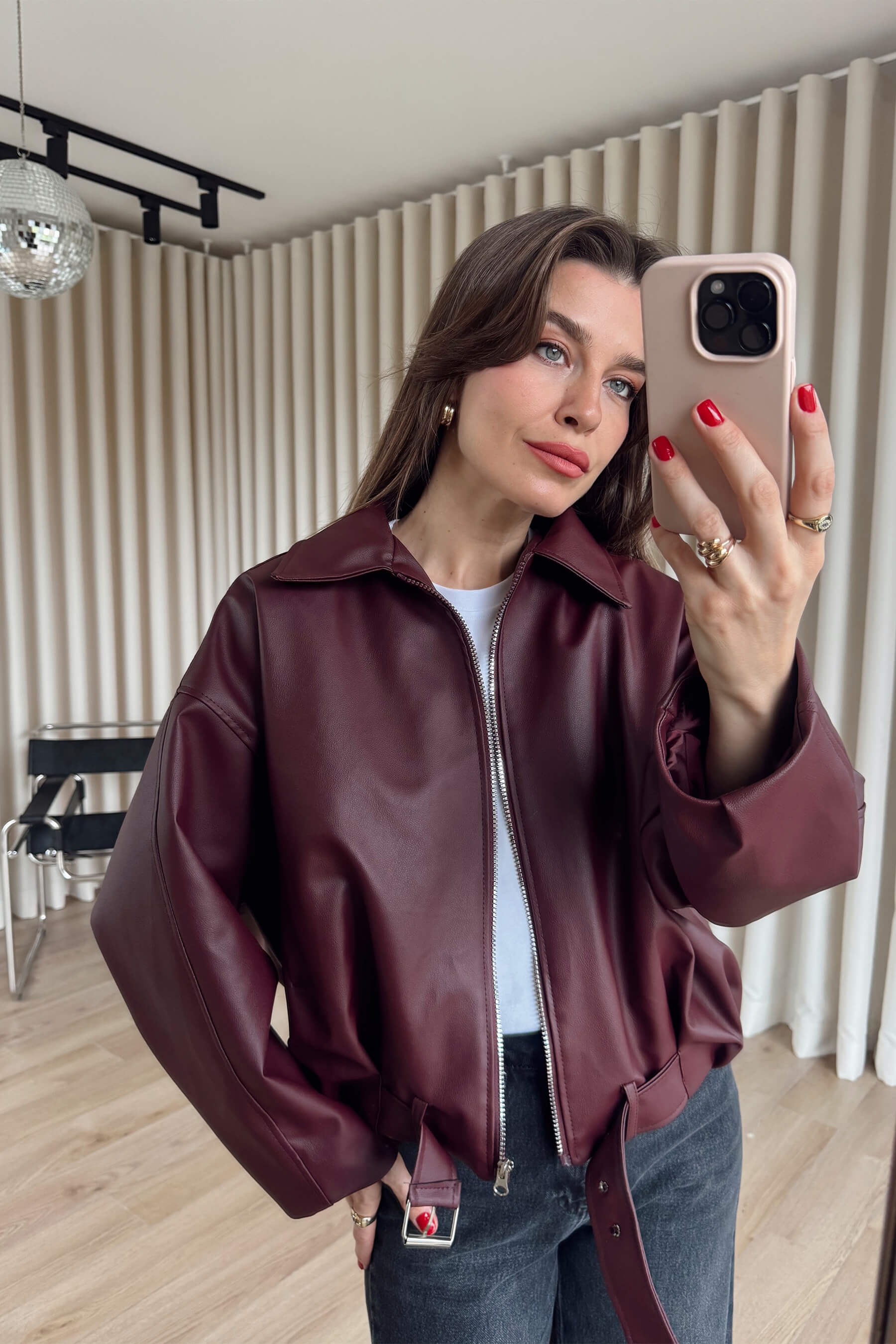 Bordo Kemer Detaylı Astarlı Oversize Bomber Deri Ceket