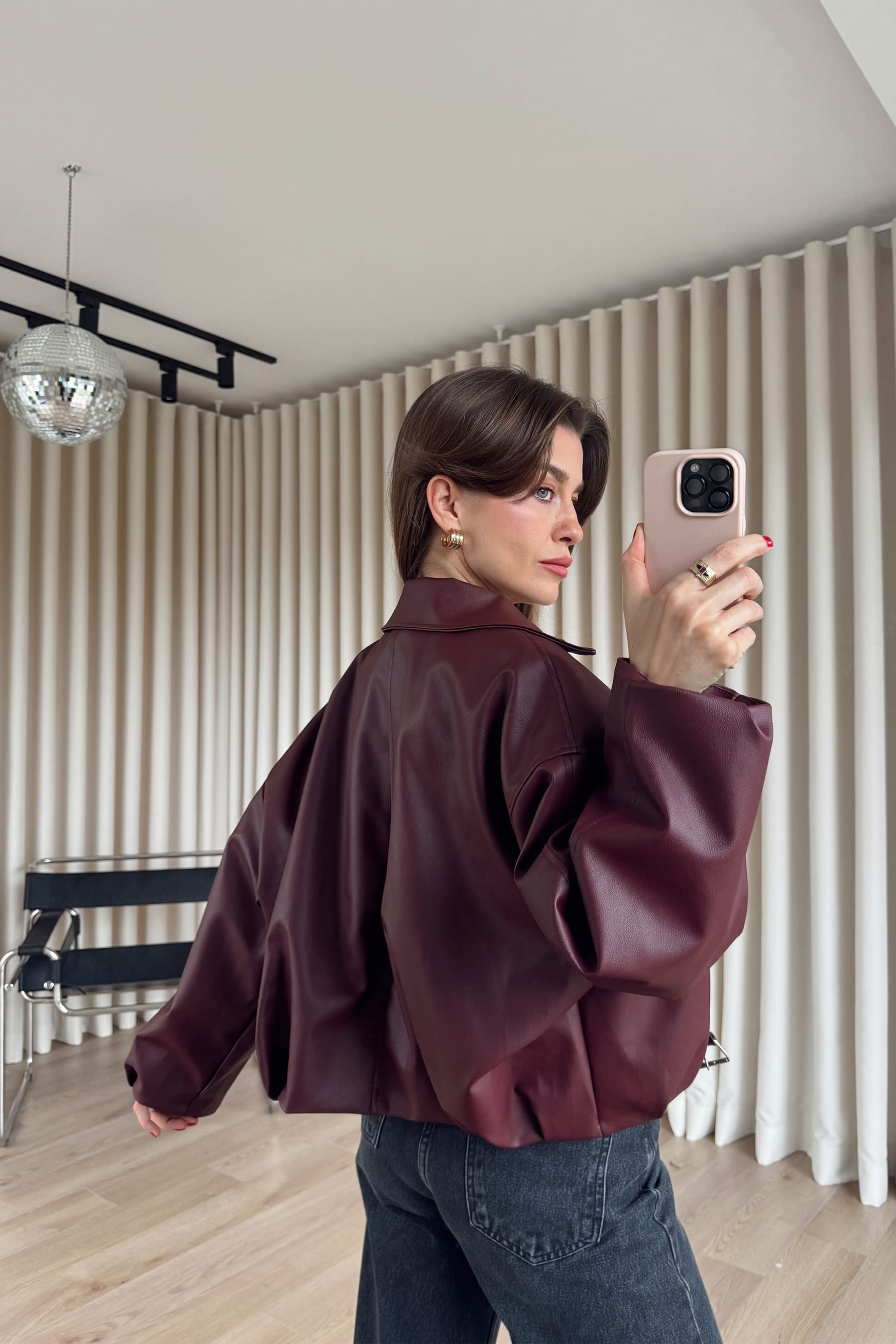 Bordo Kemer Detaylı Astarlı Oversize Bomber Deri Ceket