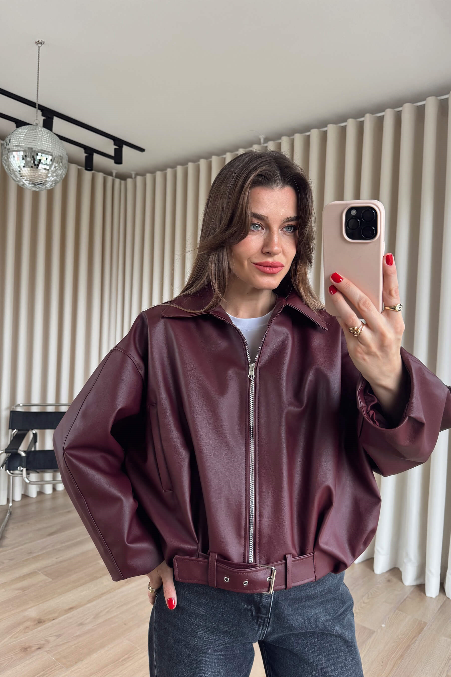 Bordo Kemer Detaylı Astarlı Oversize Bomber Deri Ceket