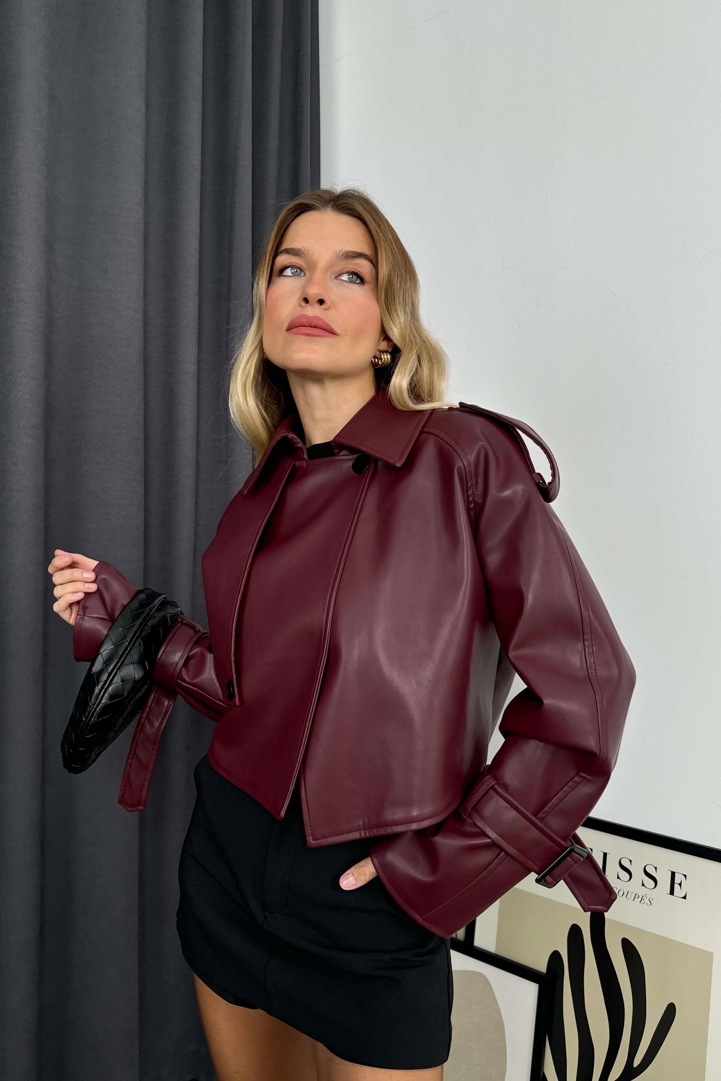 Bordo Kemer Detaylı Crop Deri Ceket