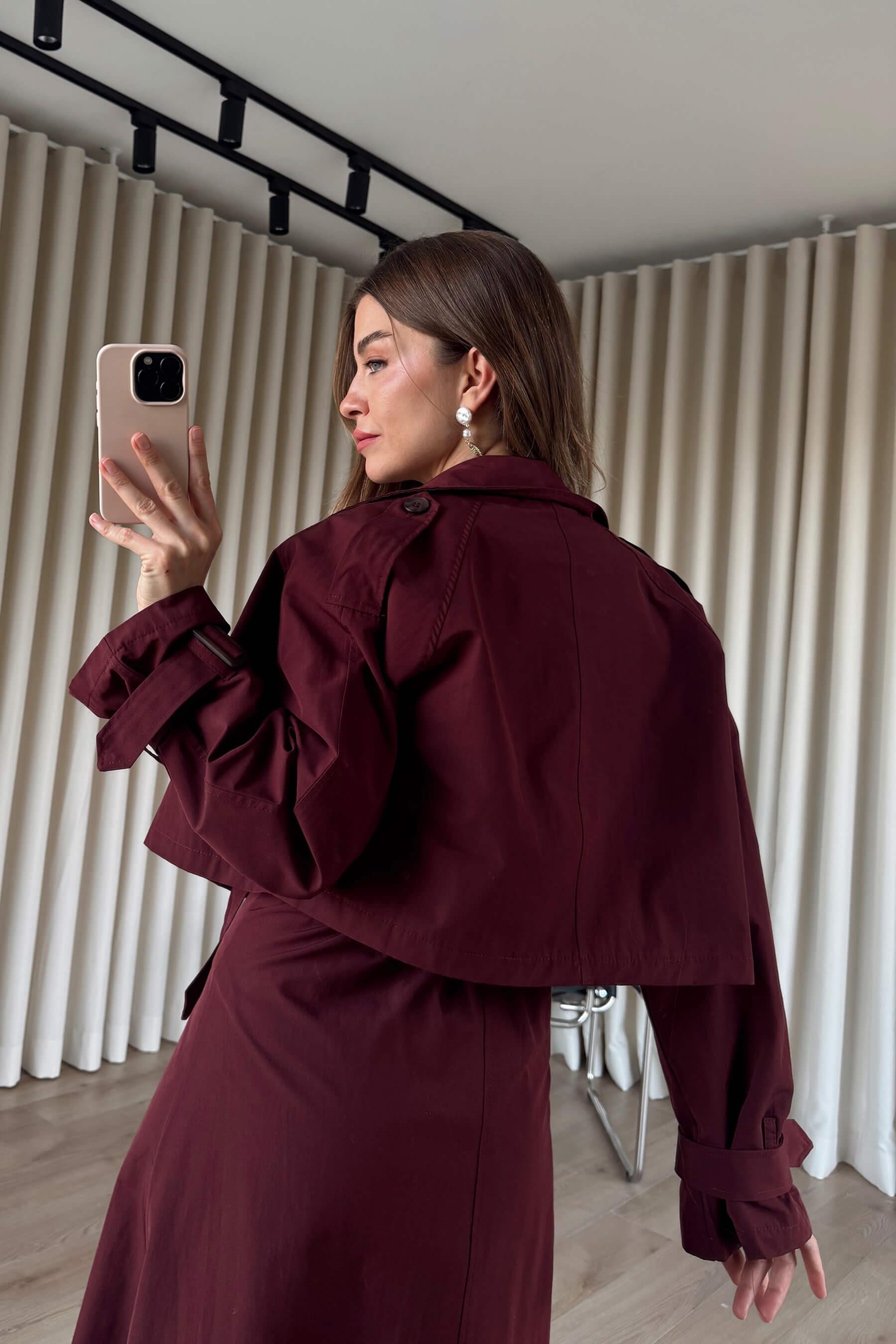 Bordo Kemerli Etek Trençkot Takım