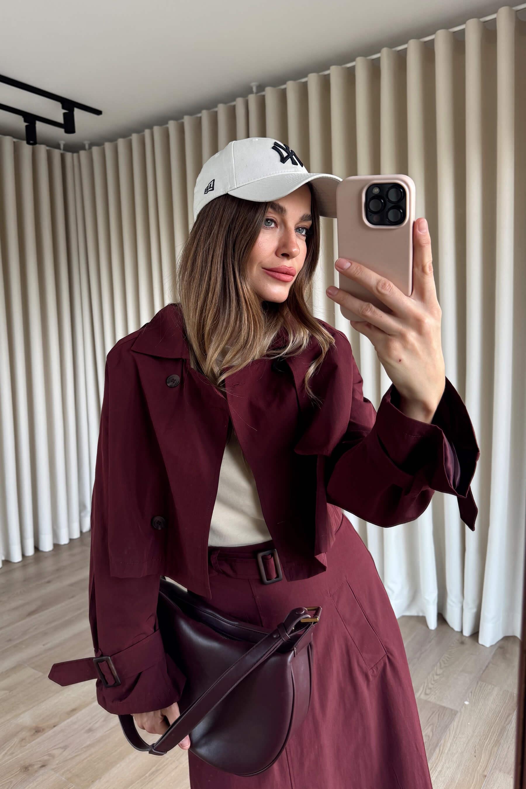 Bordo Kemerli Etek Trençkot Takım