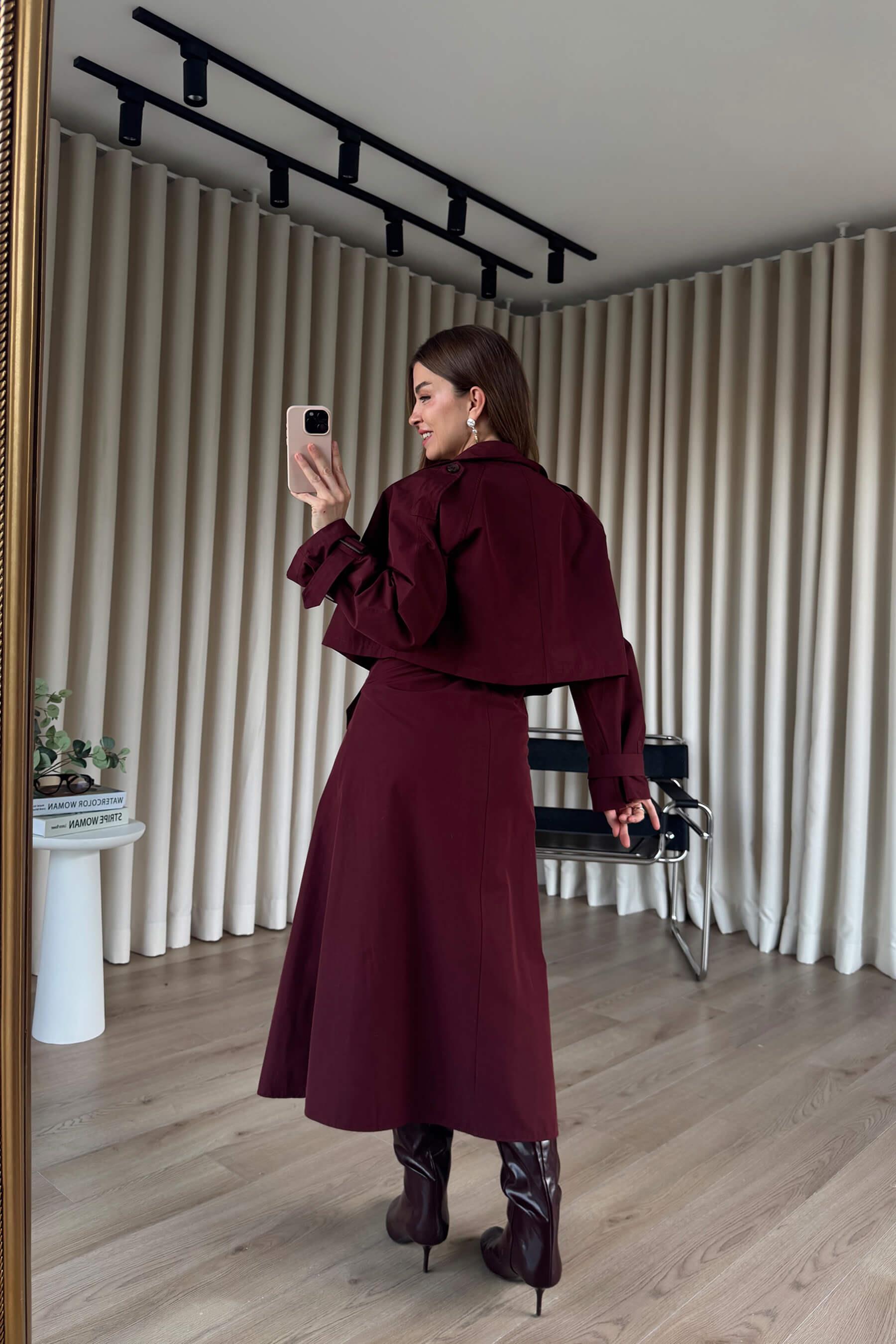 Bordo Kemerli Etek Trençkot Takım