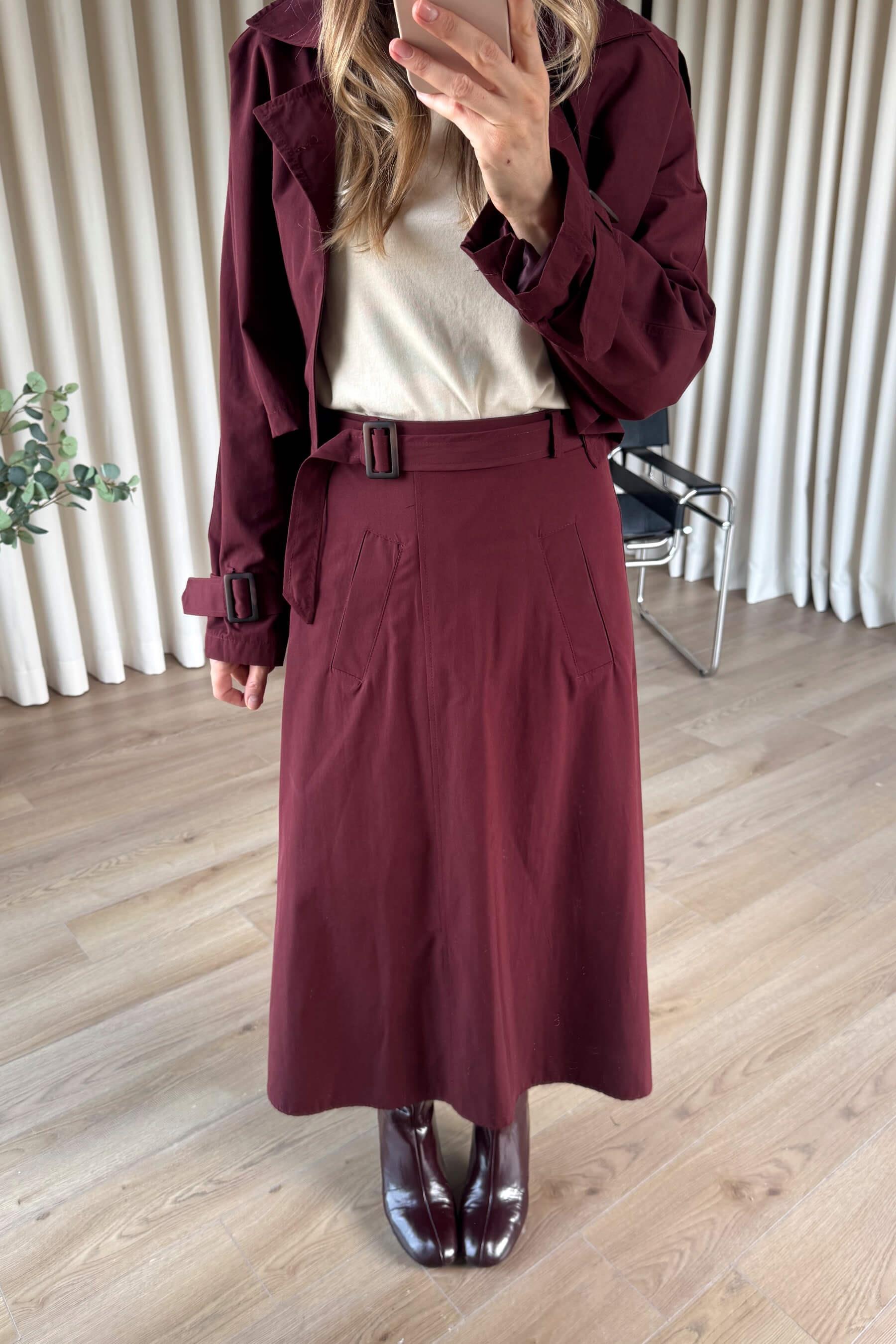 Bordo Kemerli Etek Trençkot Takım