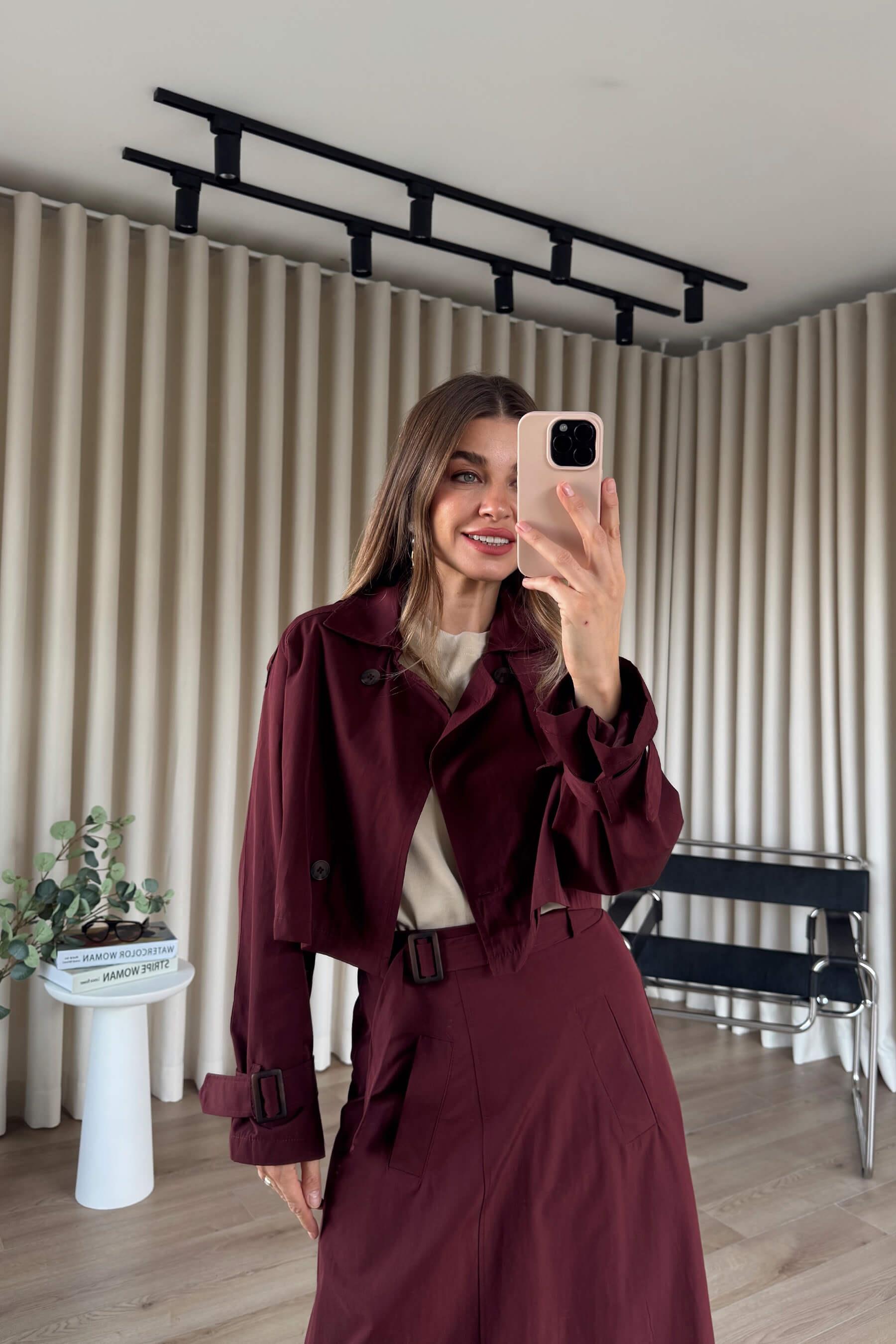 Bordo Kemerli Etek Trençkot Takım