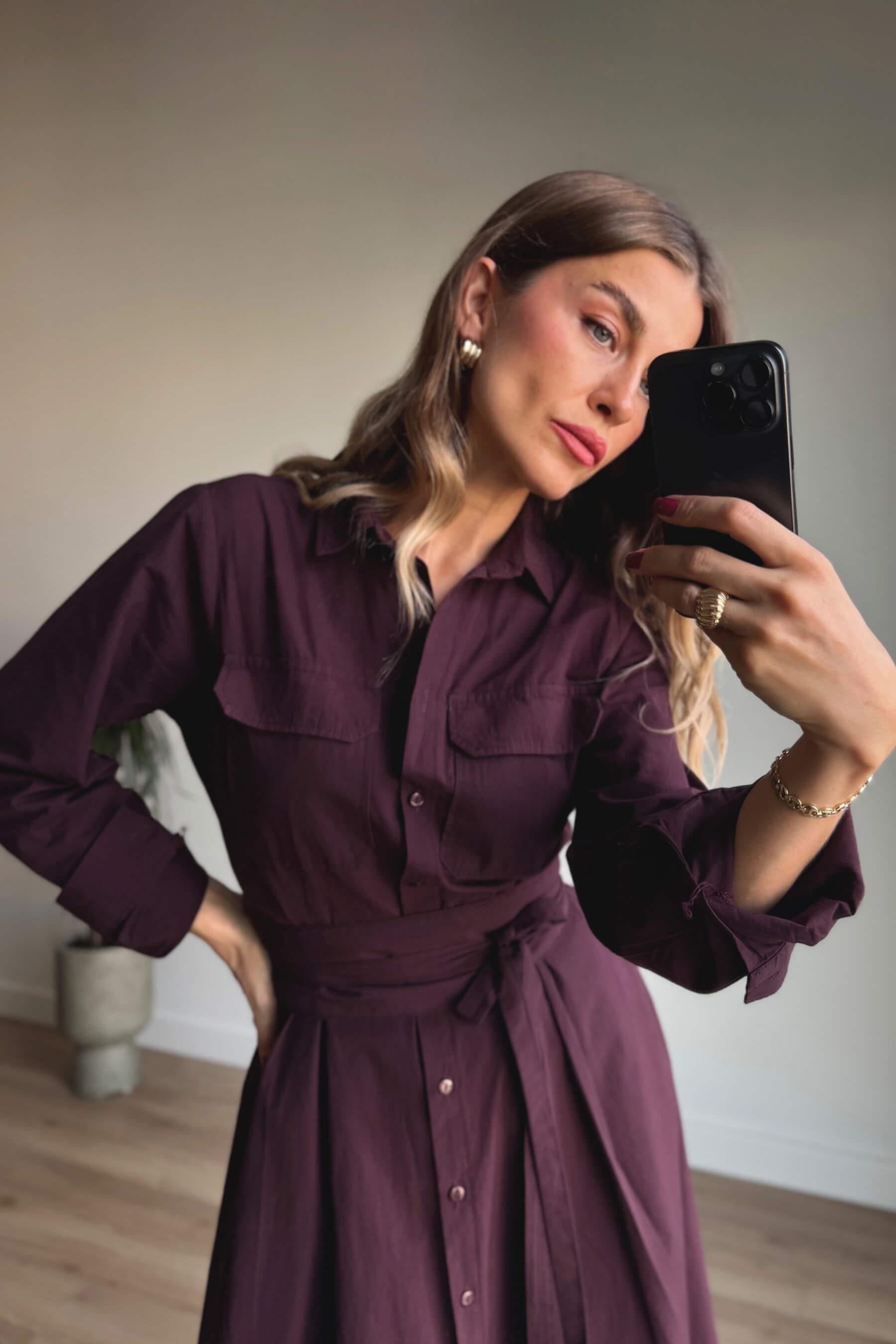 Bordo Korseli Cep Detaylı Maxi Gömlek Elbise