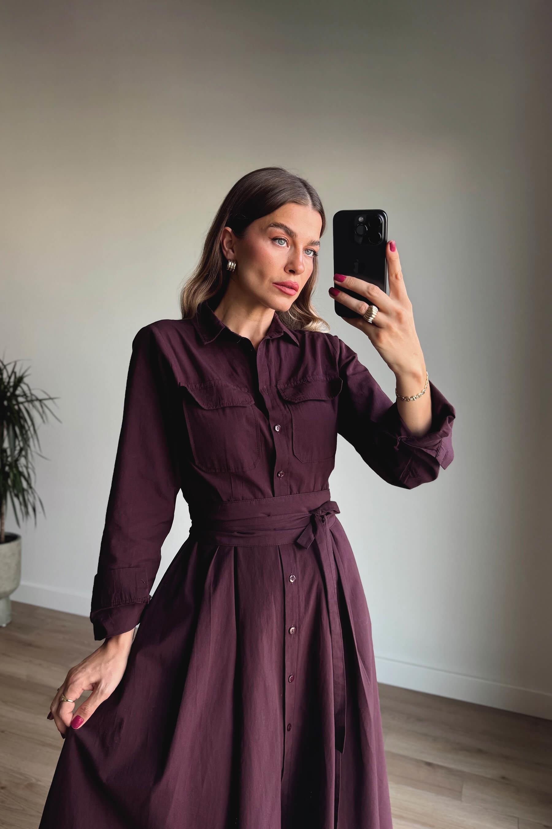 Bordo Korseli Cep Detaylı Maxi Gömlek Elbise