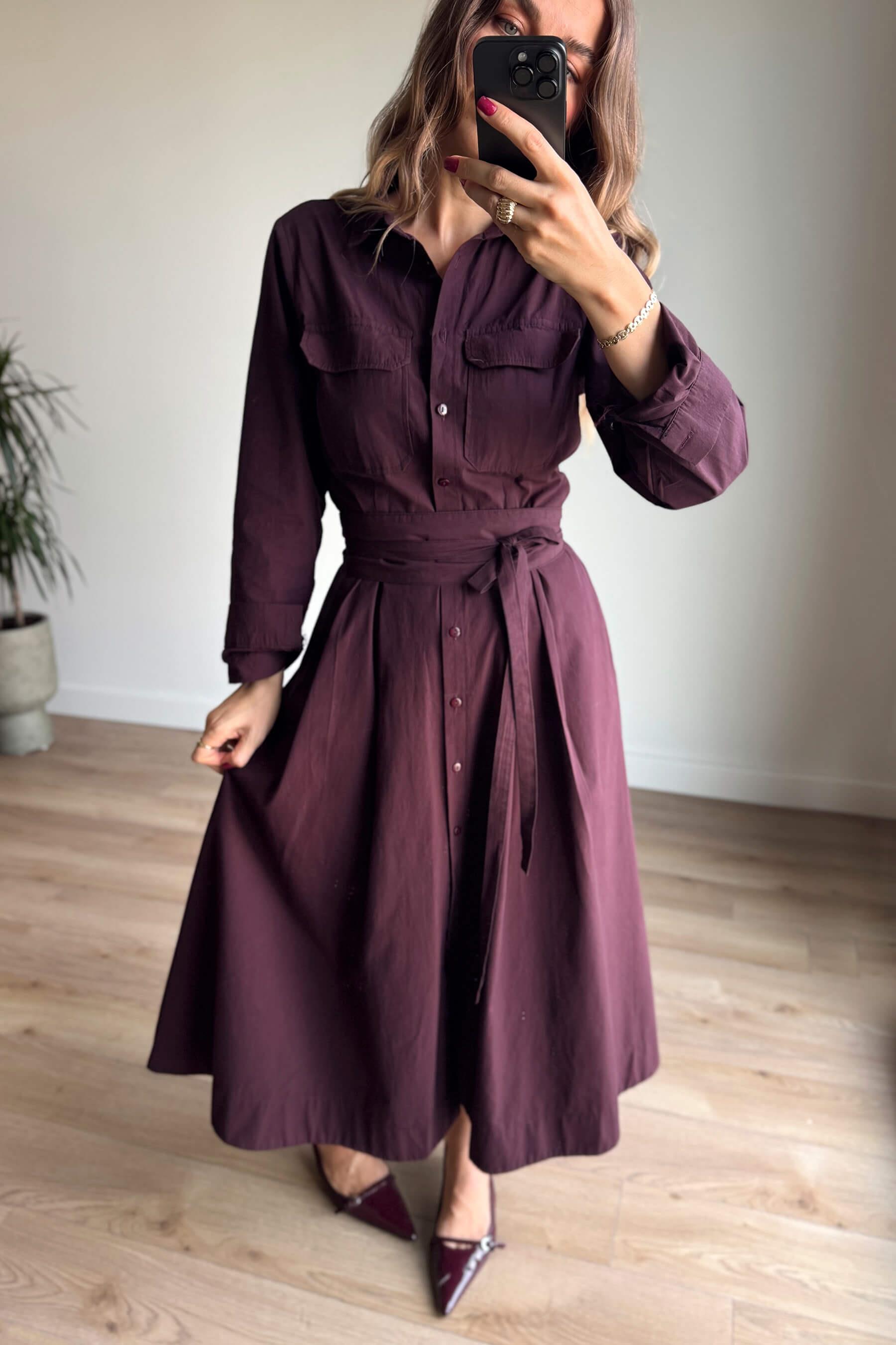 Bordo Korseli Cep Detaylı Maxi Gömlek Elbise
