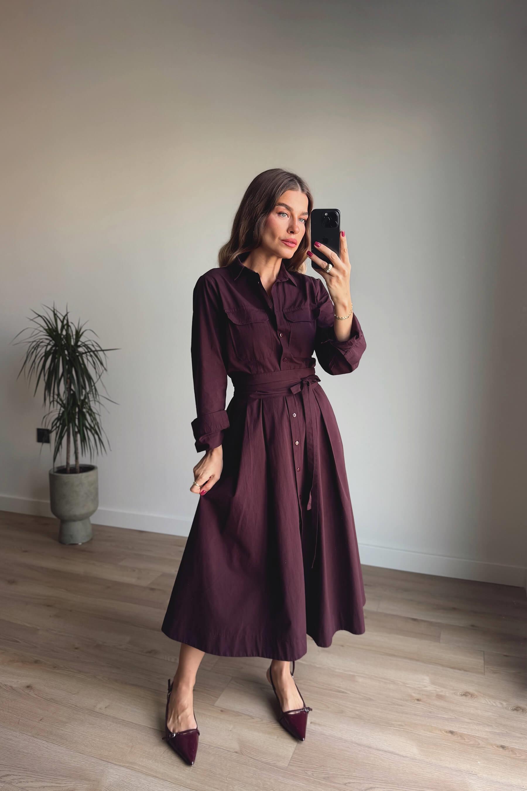 Bordo Korseli Cep Detaylı Maxi Gömlek Elbise