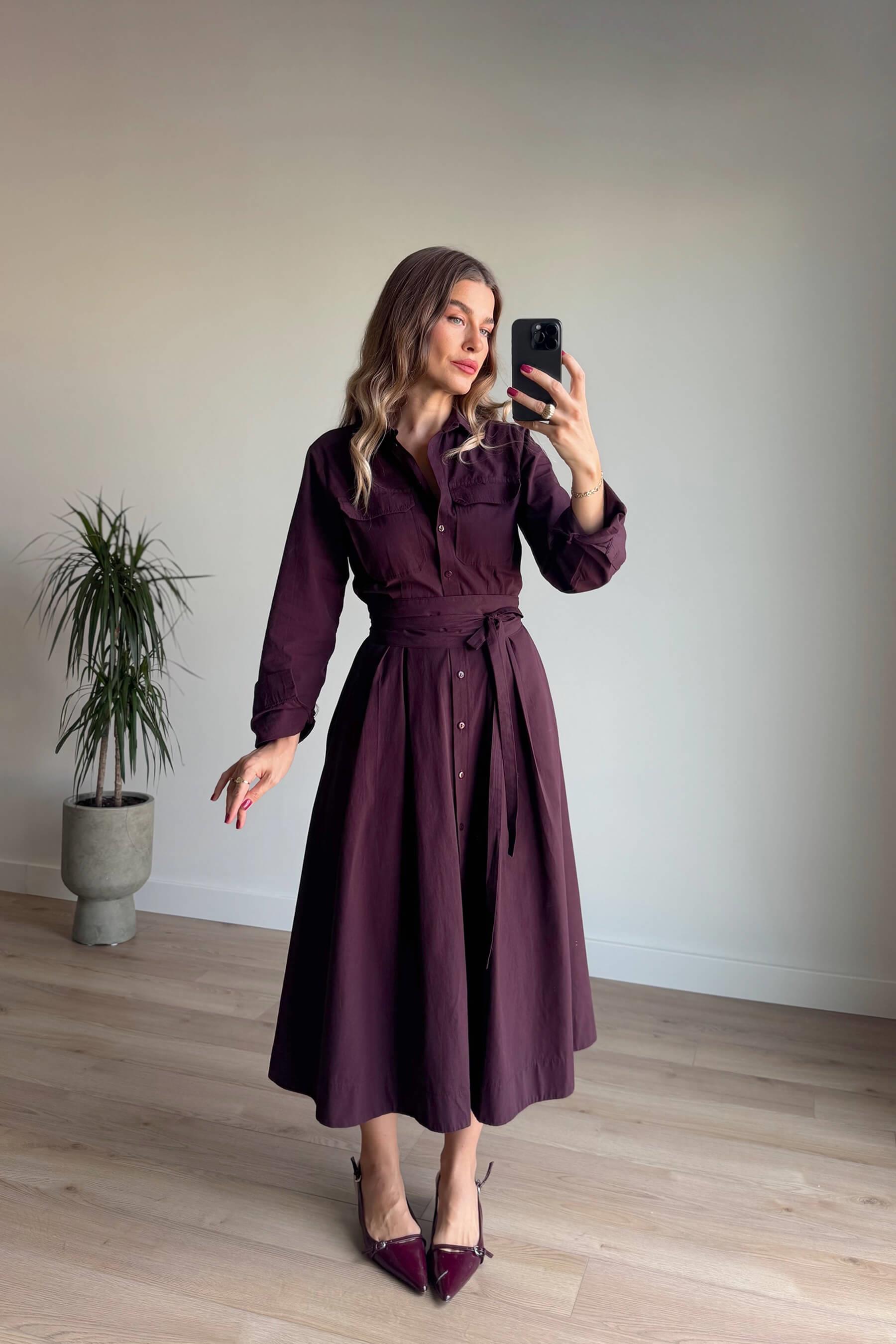 Bordo Korseli Cep Detaylı Maxi Gömlek Elbise