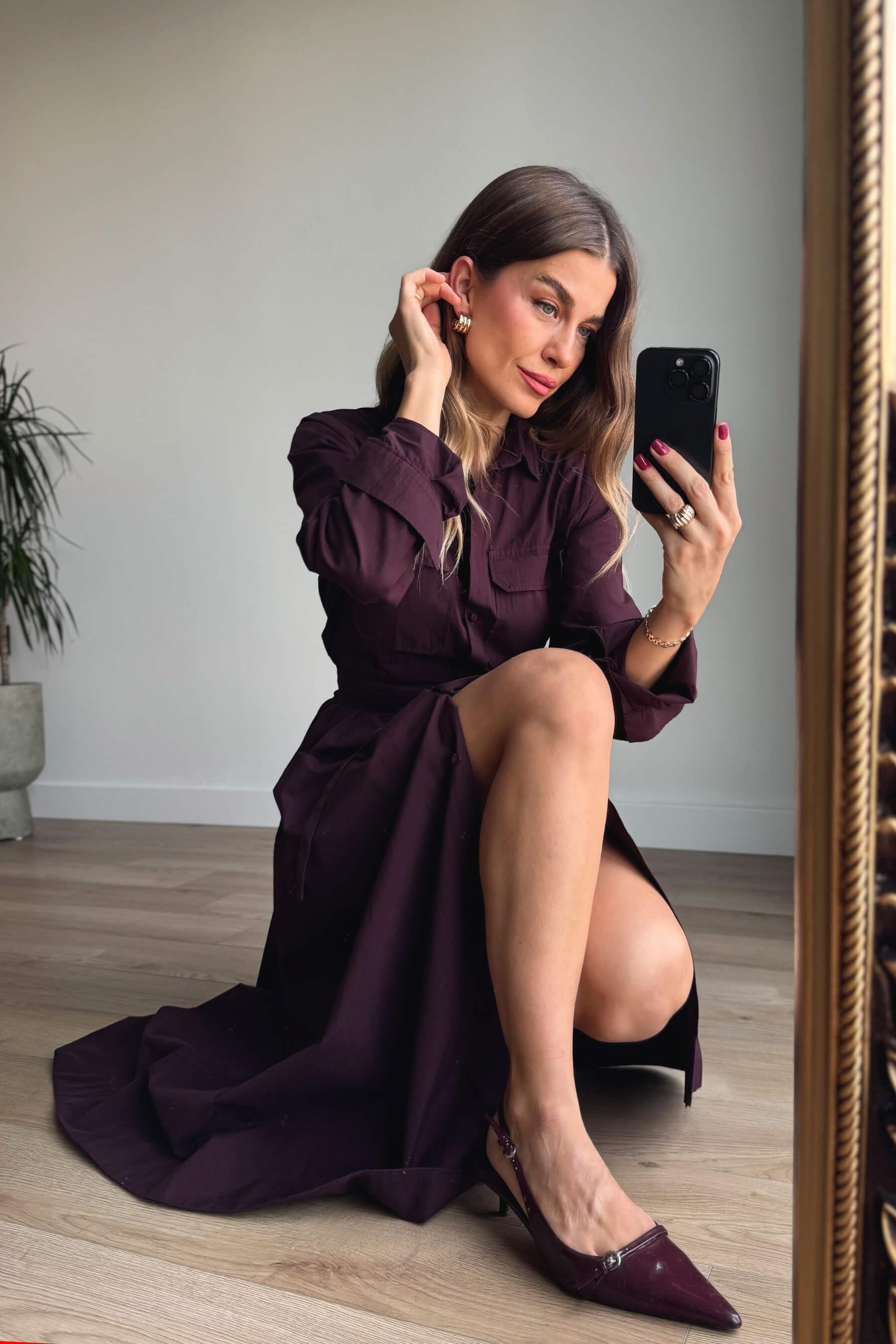 Bordo Korseli Cep Detaylı Maxi Gömlek Elbise