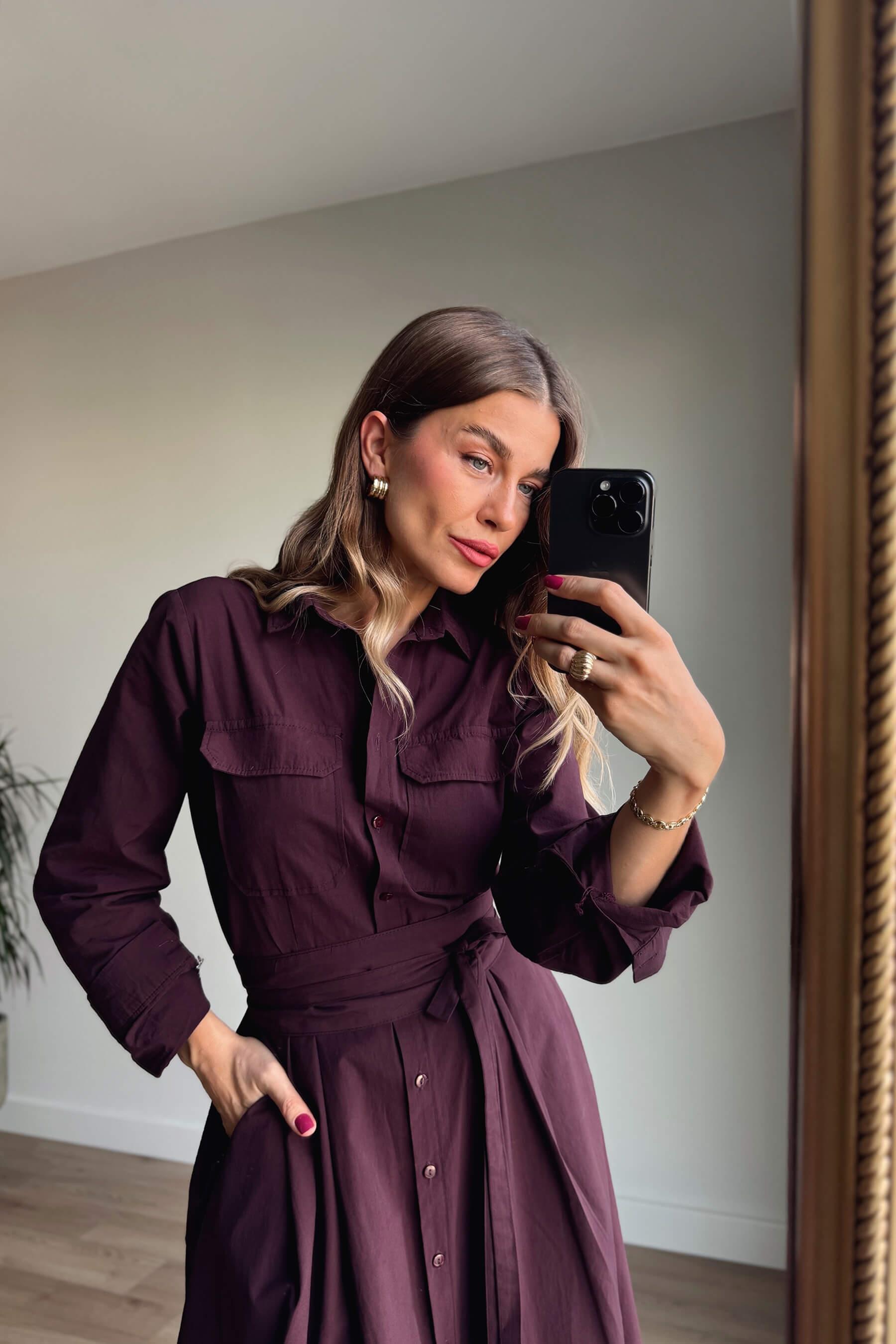 Bordo Korseli Cep Detaylı Maxi Gömlek Elbise