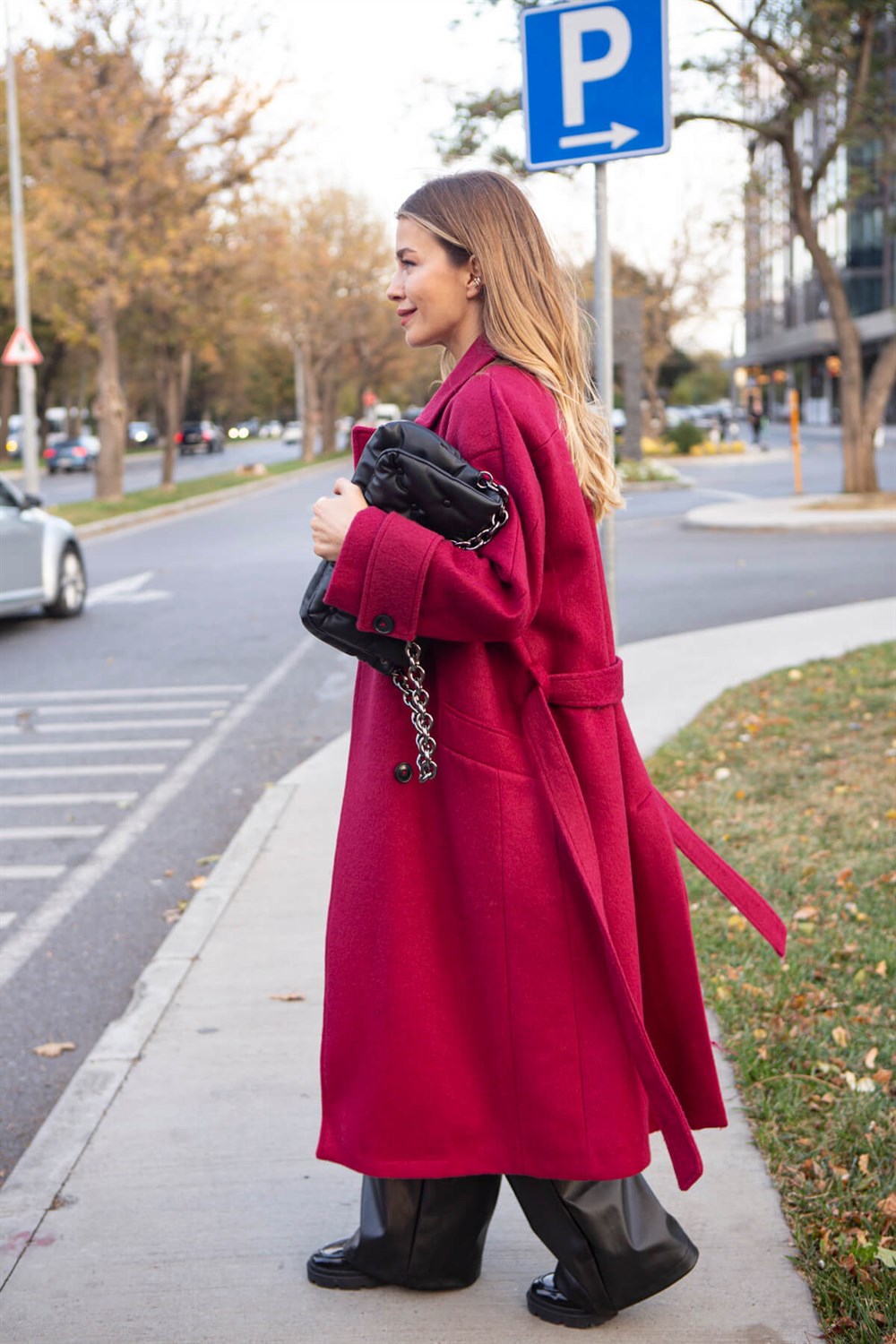 Bordo Kruvaze Astarlı Kuşaklı Oversize Yün Kaban