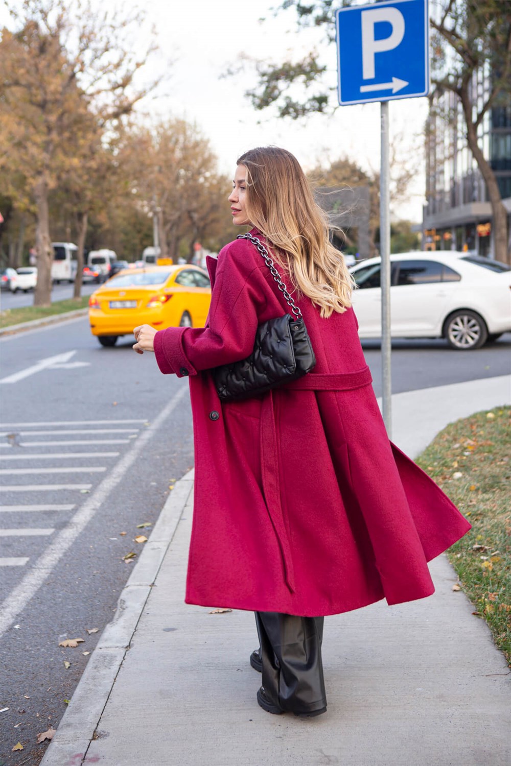 Bordo Kruvaze Astarlı Kuşaklı Oversize Yün Kaban