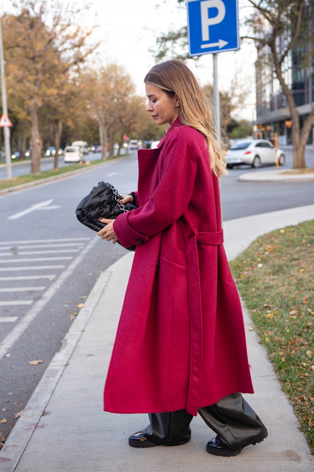 Bordo Kruvaze Astarlı Kuşaklı Oversize Yün Kaban