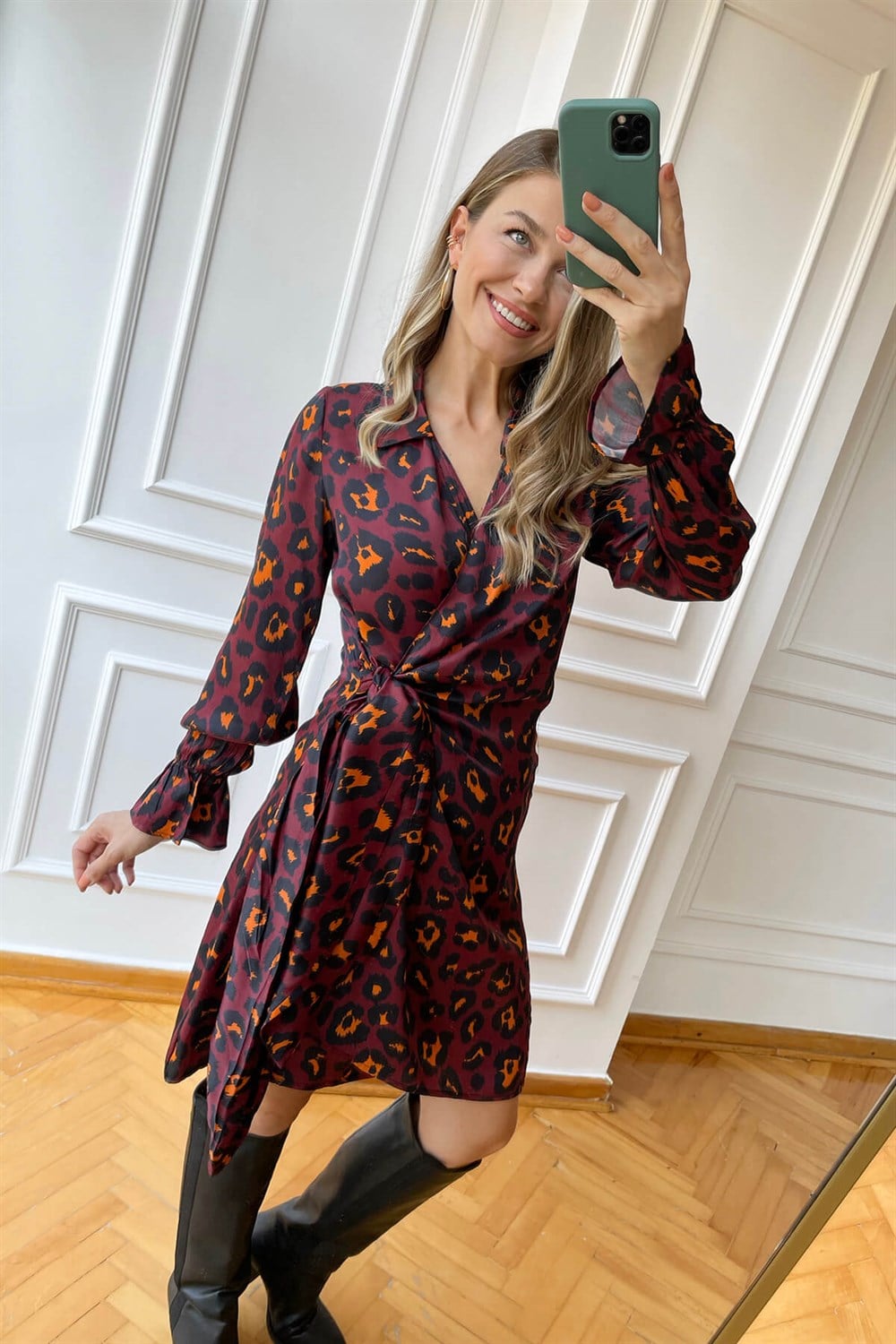 Bordo Leopar Desen Kruvaze Saten Elbise
