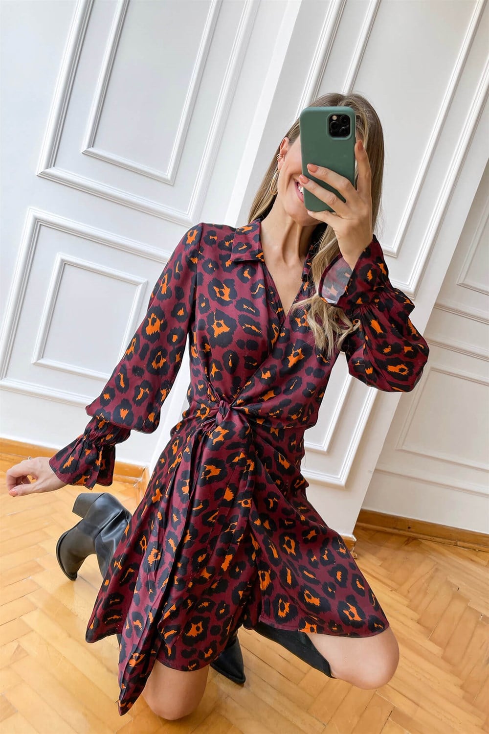 Bordo Leopar Desen Kruvaze Saten Elbise