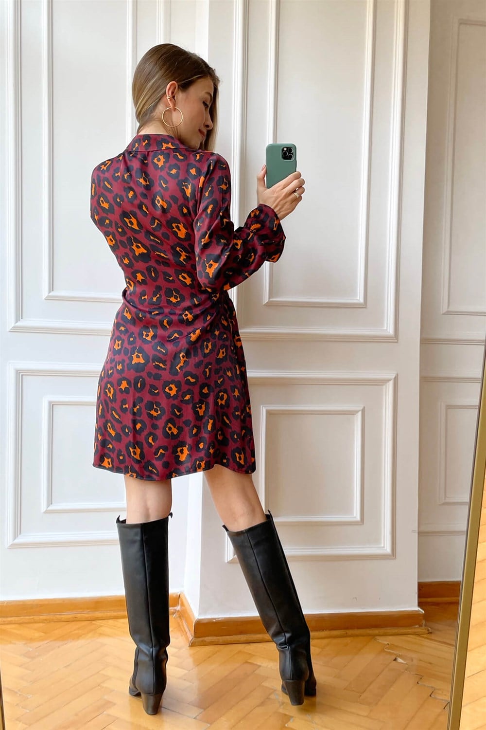 Bordo Leopar Desen Kruvaze Saten Elbise