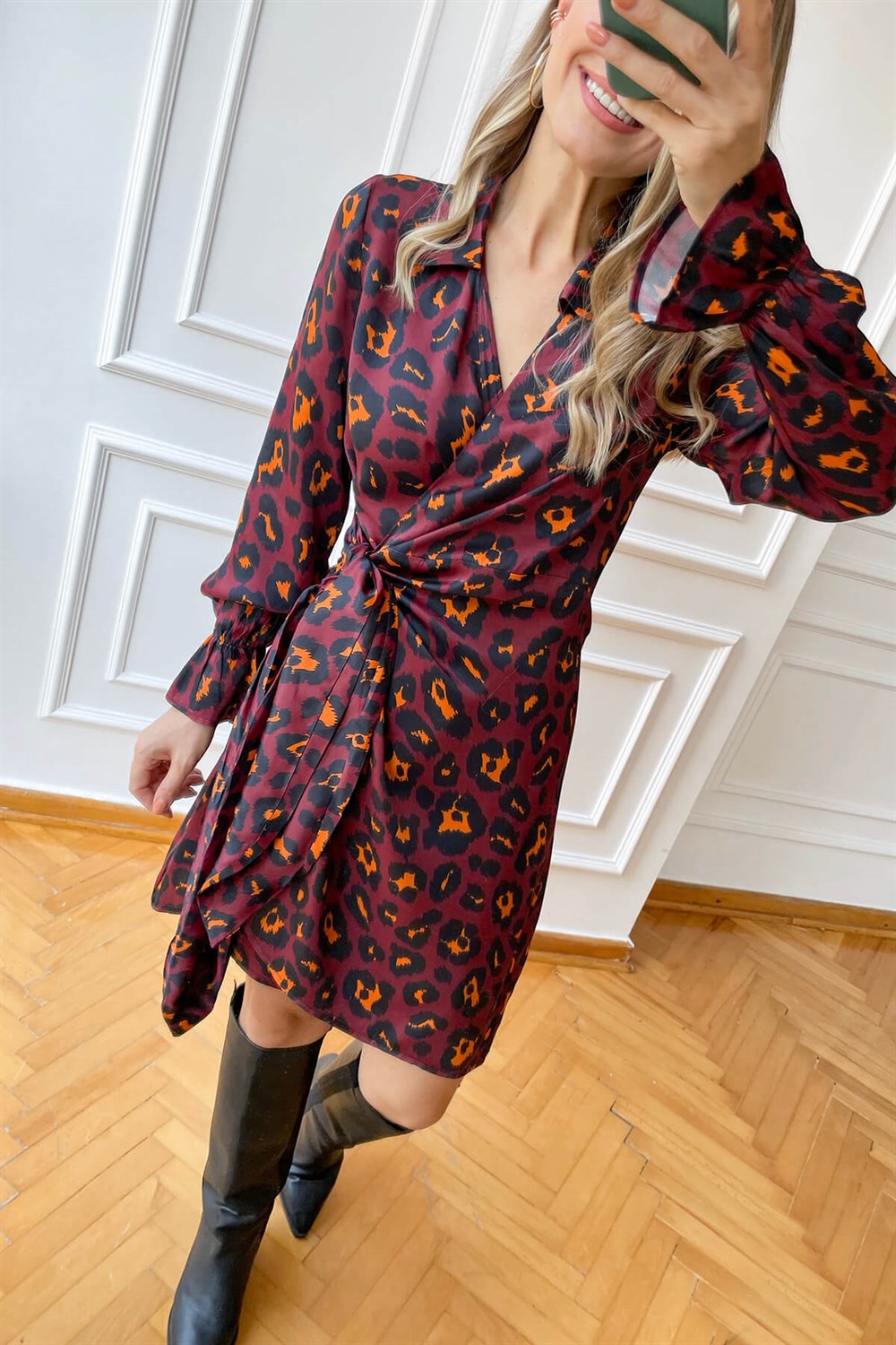 Bordo Leopar Desen Kruvaze Saten Elbise