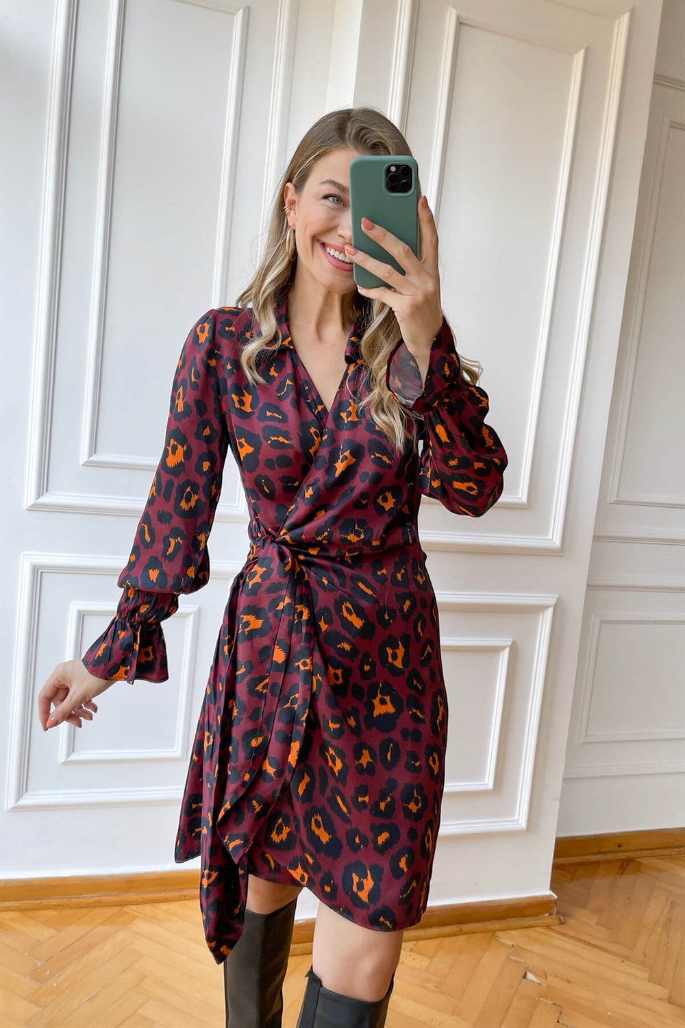 Bordo Leopar Desen Kruvaze Saten Elbise
