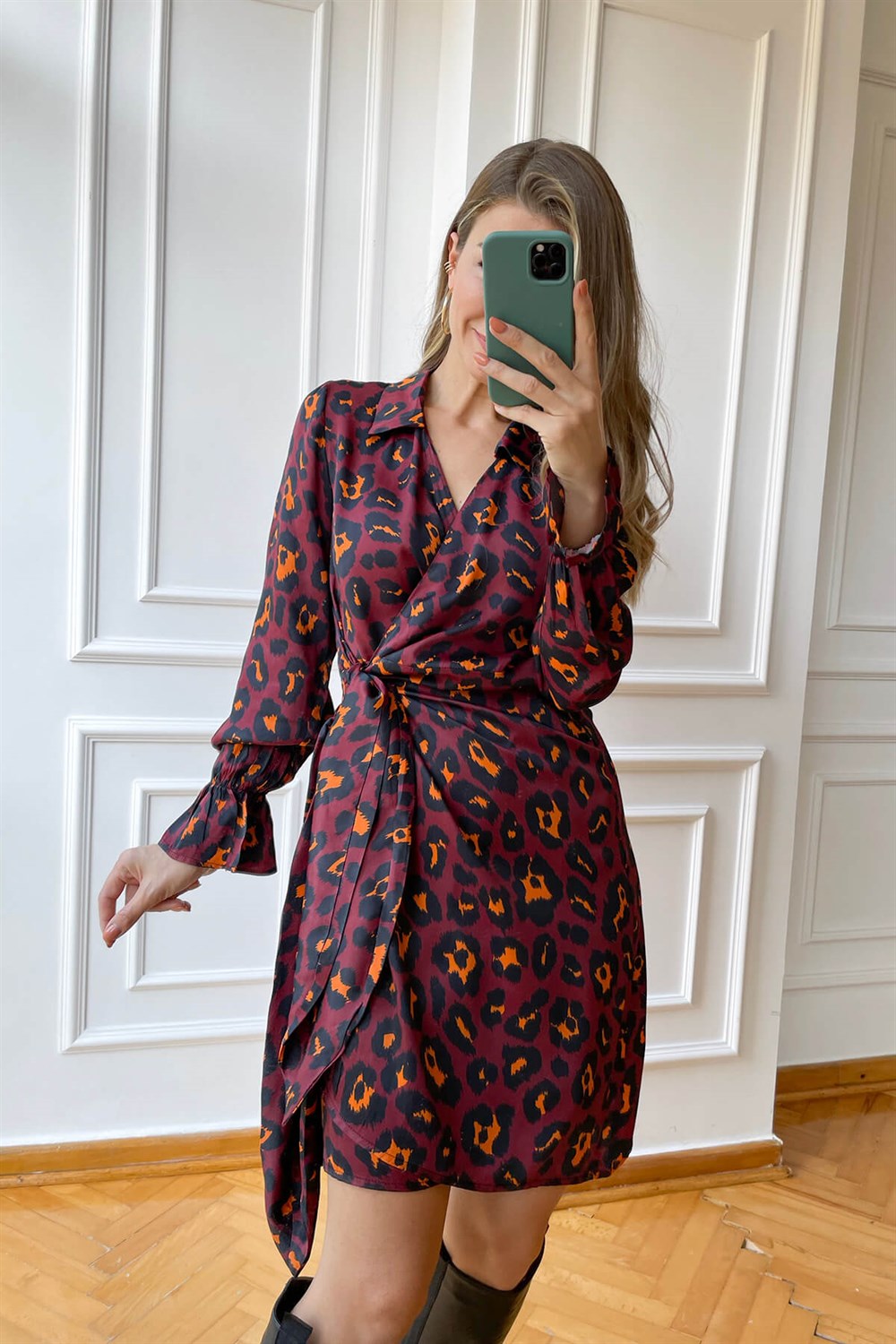 Bordo Leopar Desen Kruvaze Saten Elbise