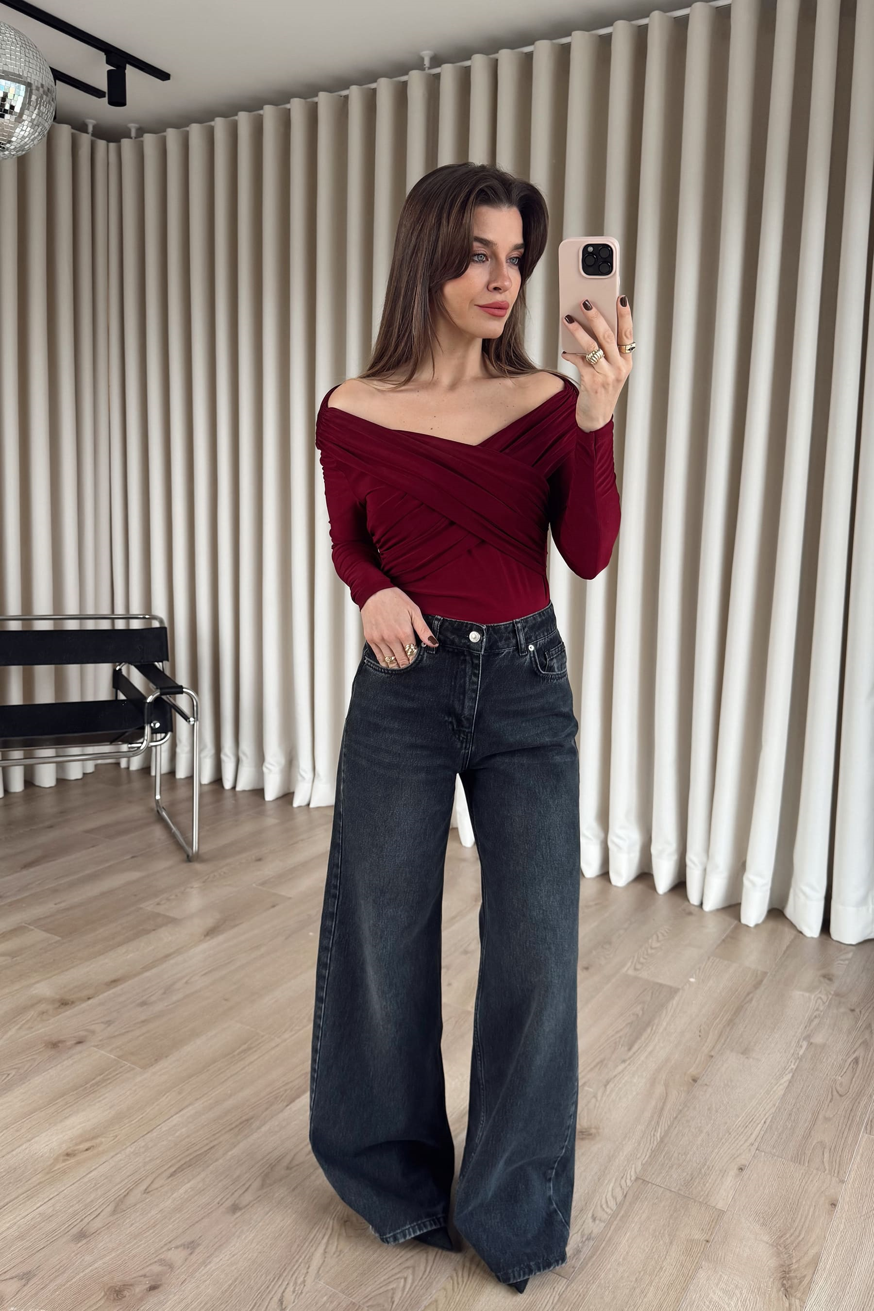 Bordo Omuzdan Çapraz Drapeli Bluz