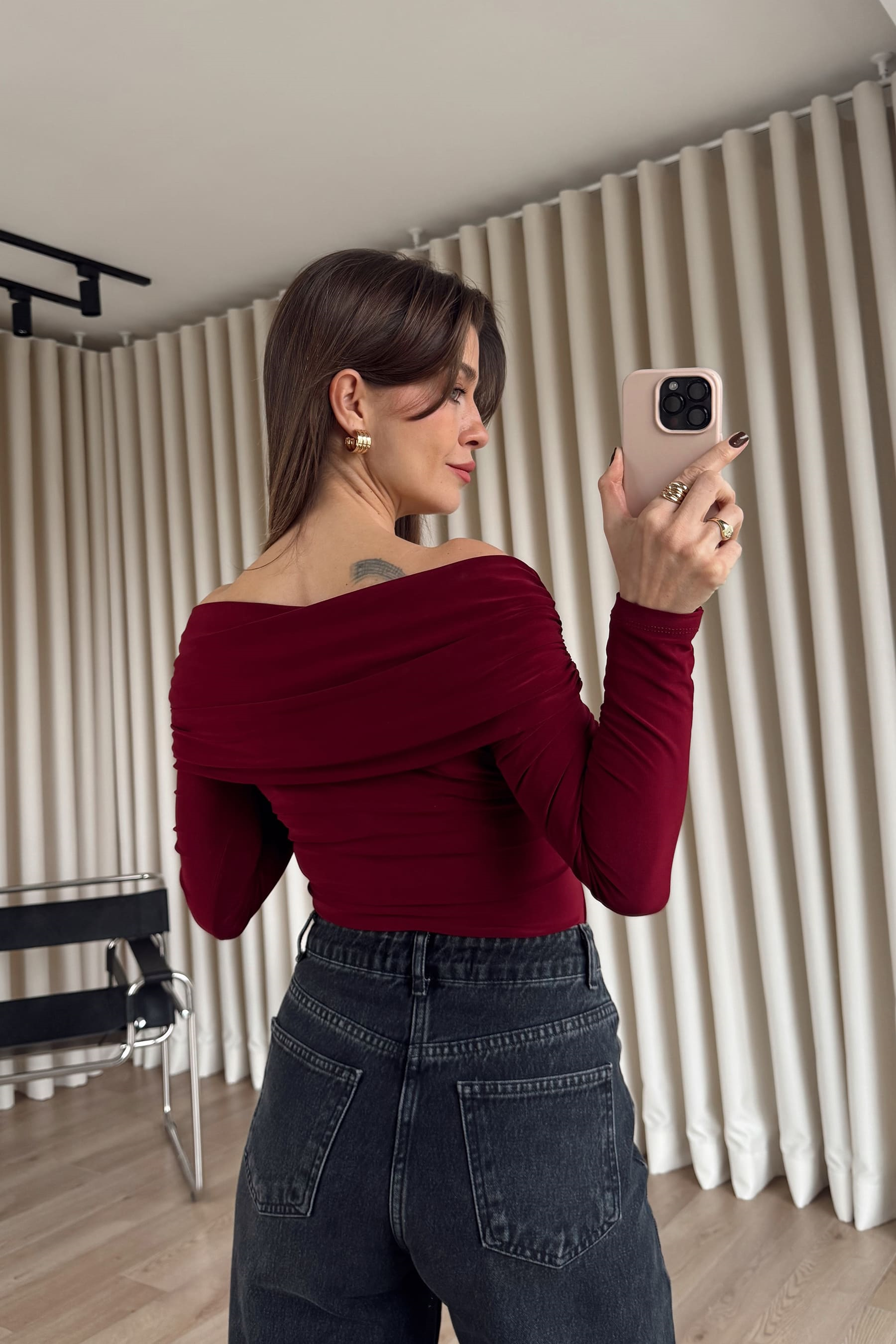 Bordo Omuzdan Çapraz Drapeli Bluz