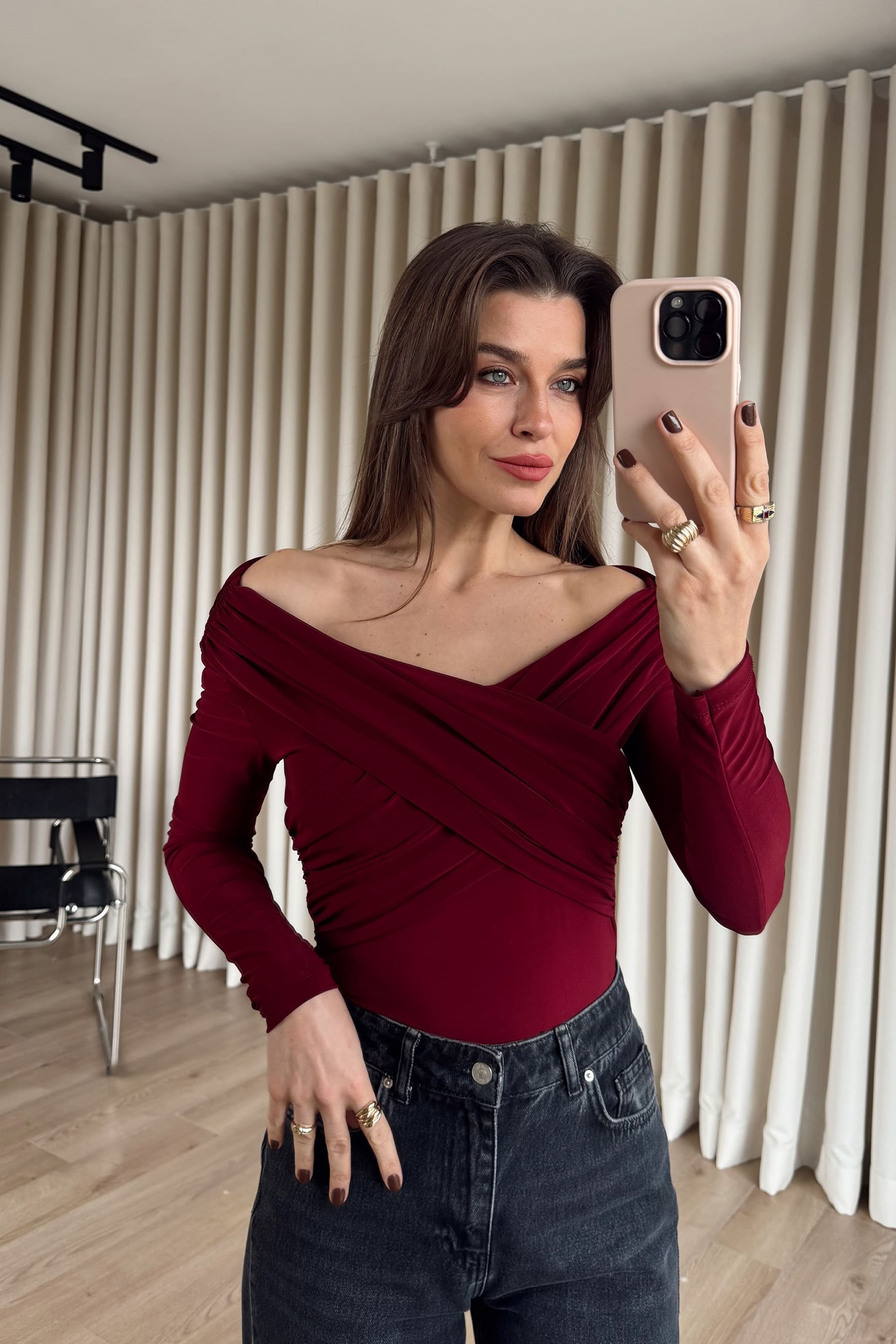 Bordo Omuzdan Çapraz Drapeli Bluz