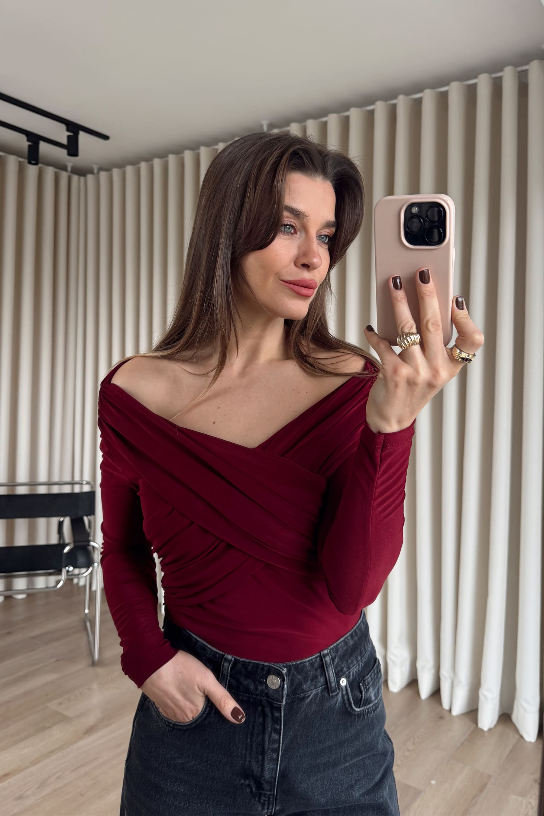 Bordo Omuzdan Çapraz Drapeli Bluz