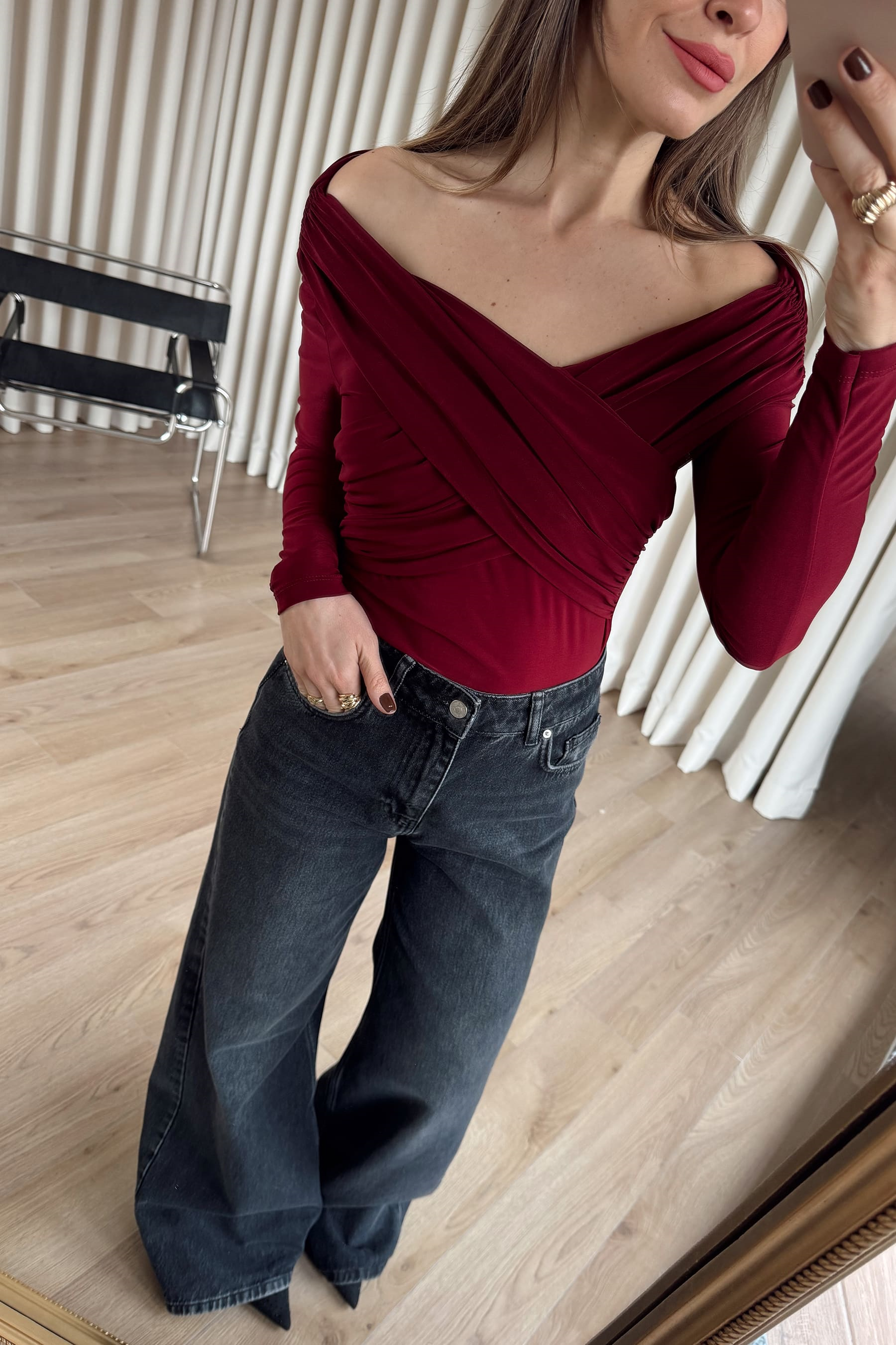 Bordo Omuzdan Çapraz Drapeli Bluz