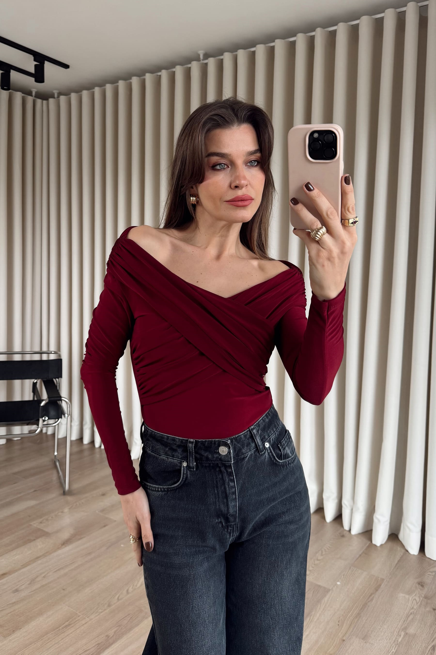 Bordo Omuzdan Çapraz Drapeli Bluz