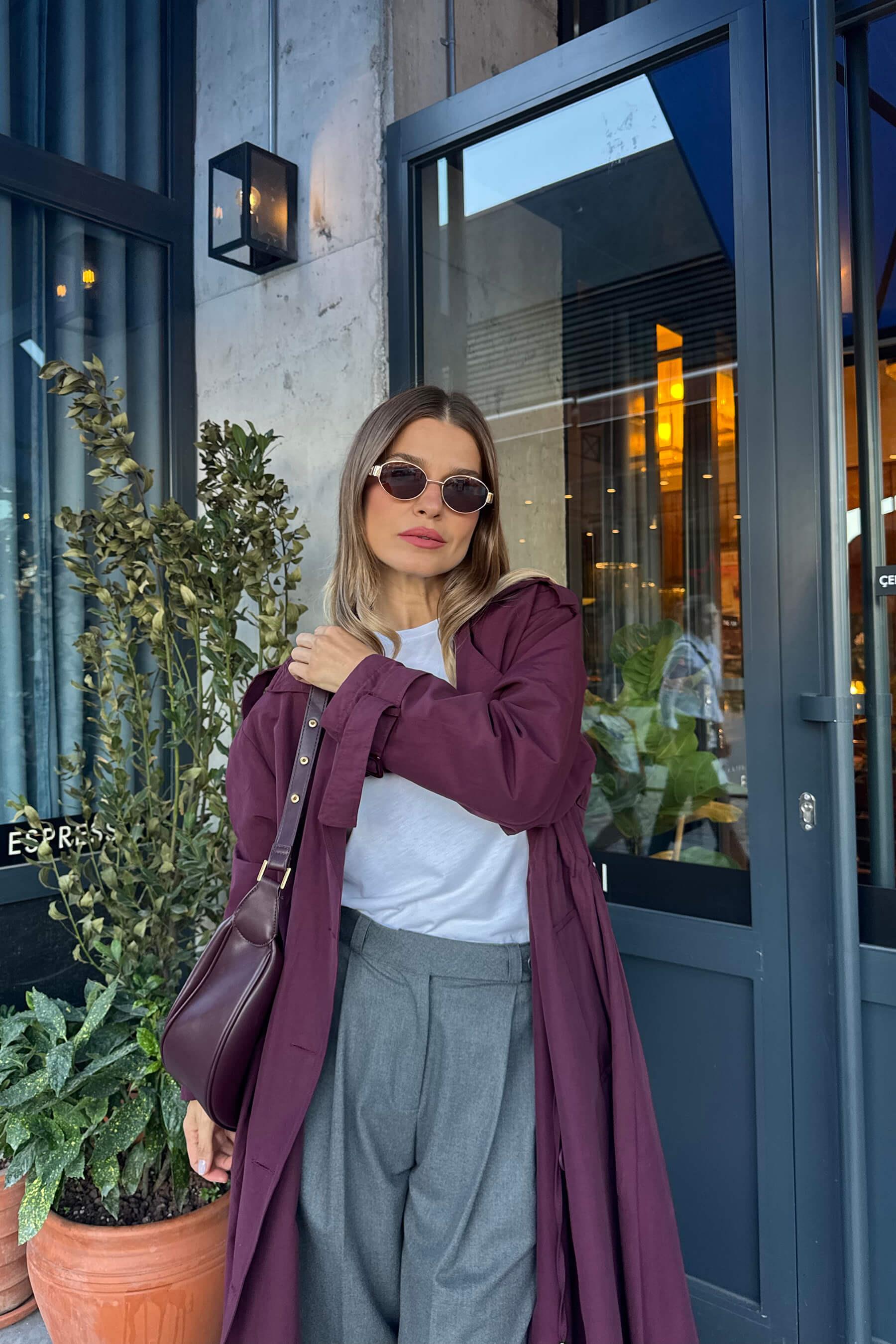 Bordo Önden Büzgülü Düğmeli Astarlı Maxi Oversize Trençkot