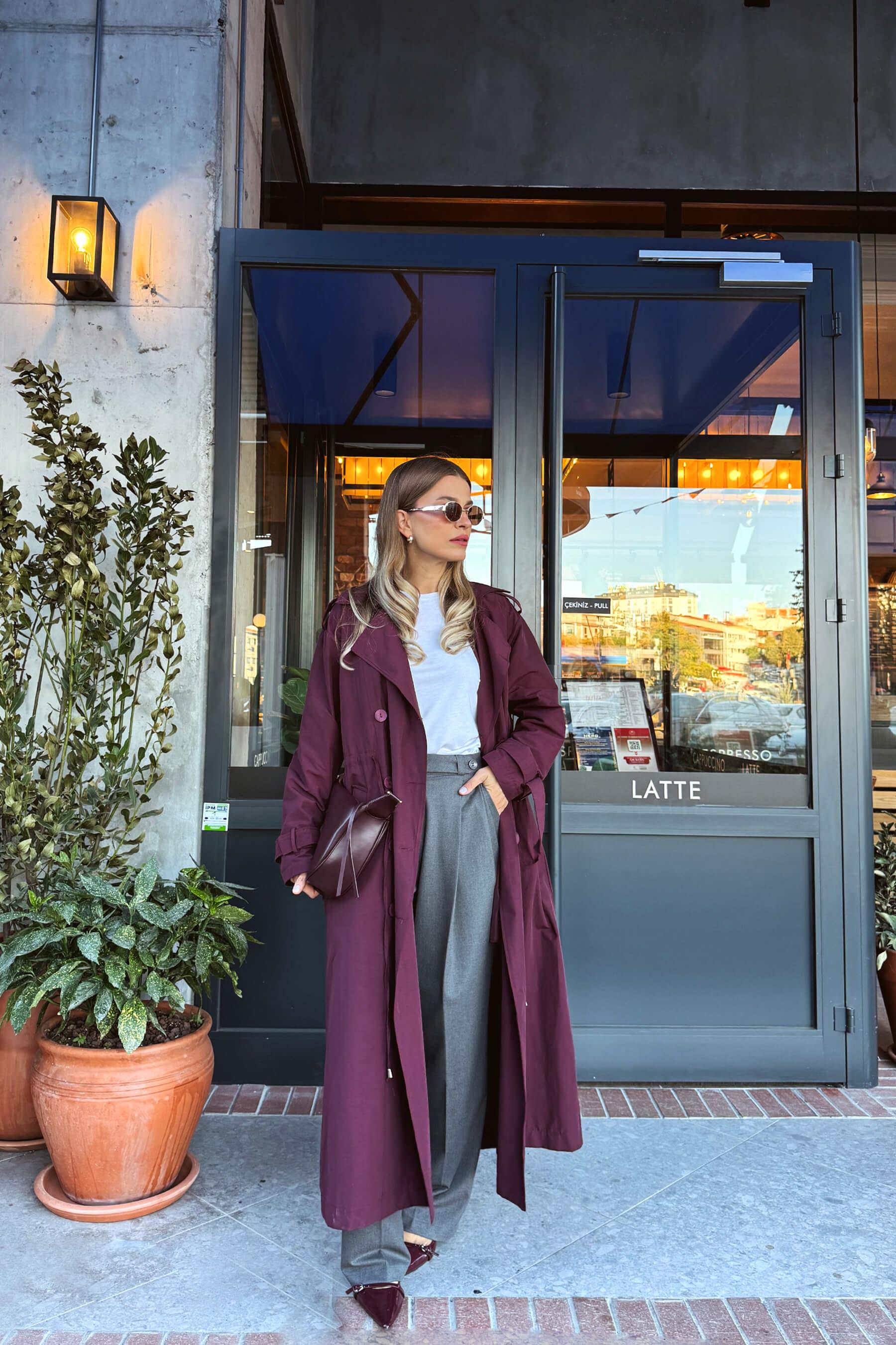 Bordo Önden Büzgülü Düğmeli Astarlı Maxi Oversize Trençkot