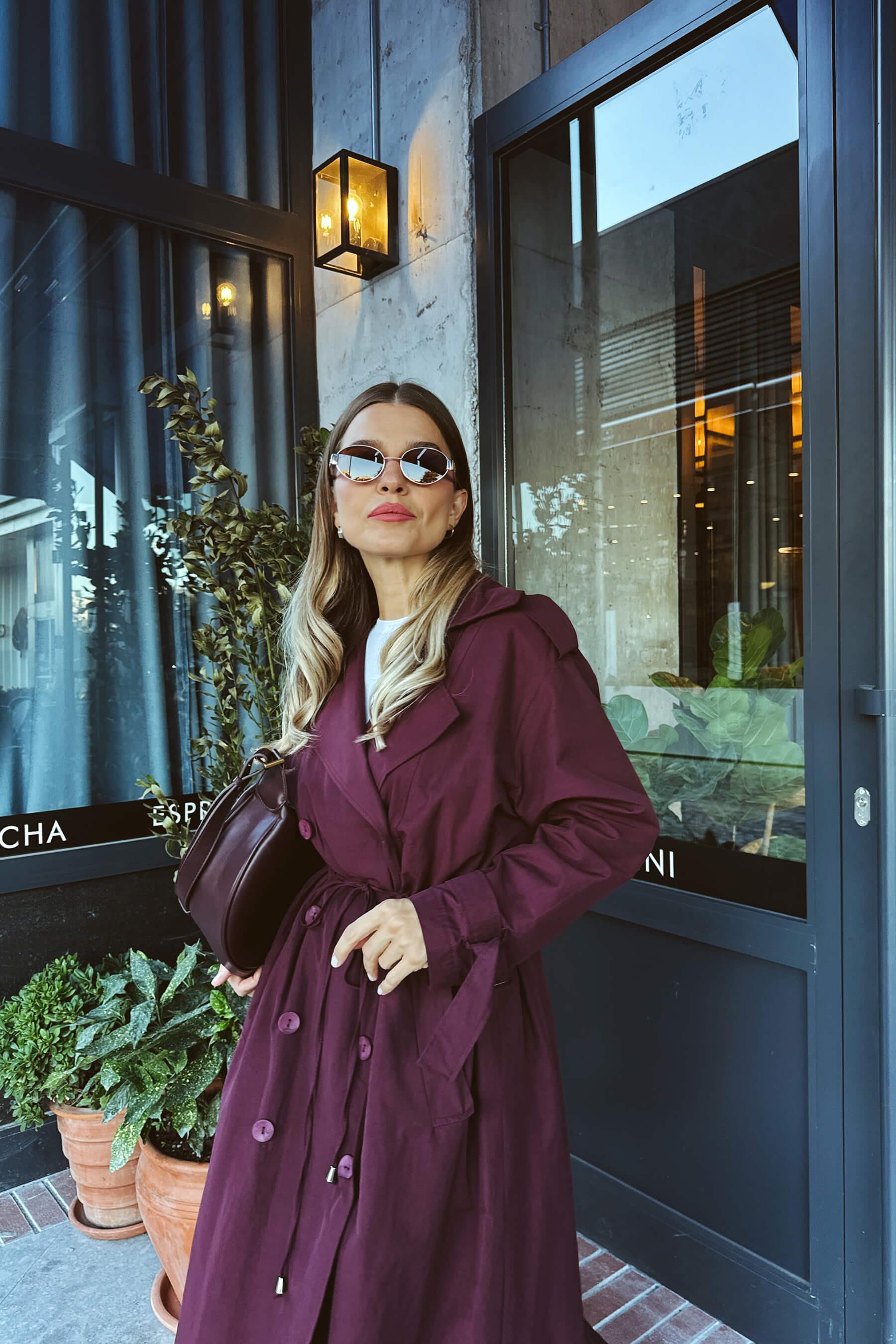 Bordo Önden Büzgülü Düğmeli Astarlı Maxi Oversize Trençkot