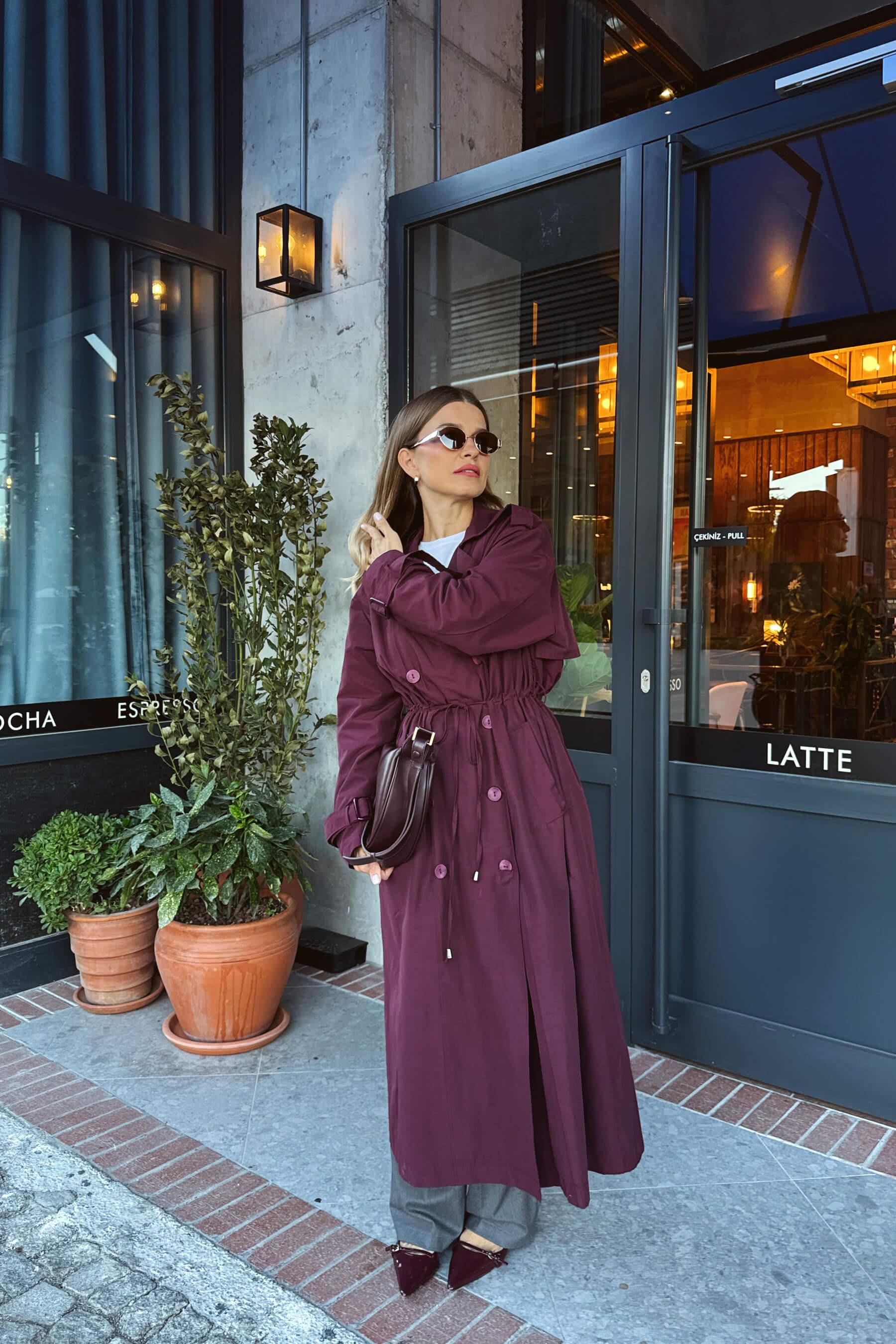 Bordo Önden Büzgülü Düğmeli Astarlı Maxi Oversize Trençkot