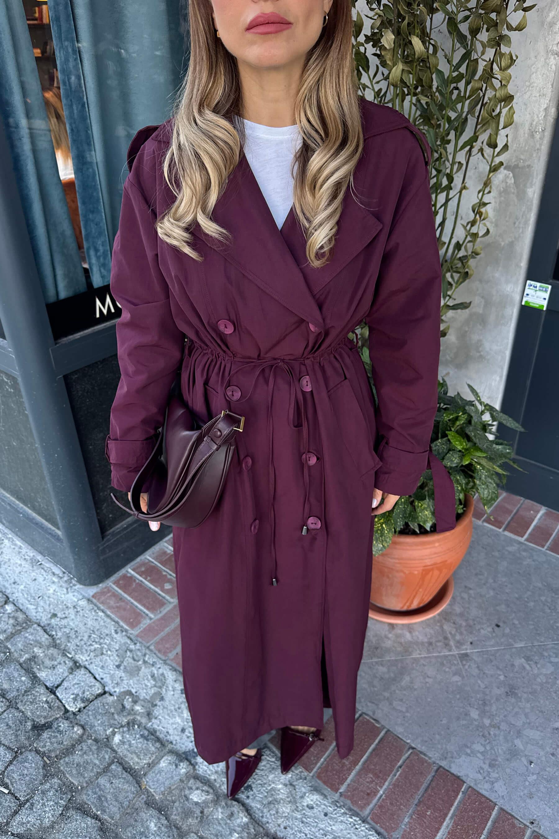 Bordo Önden Büzgülü Düğmeli Astarlı Maxi Oversize Trençkot