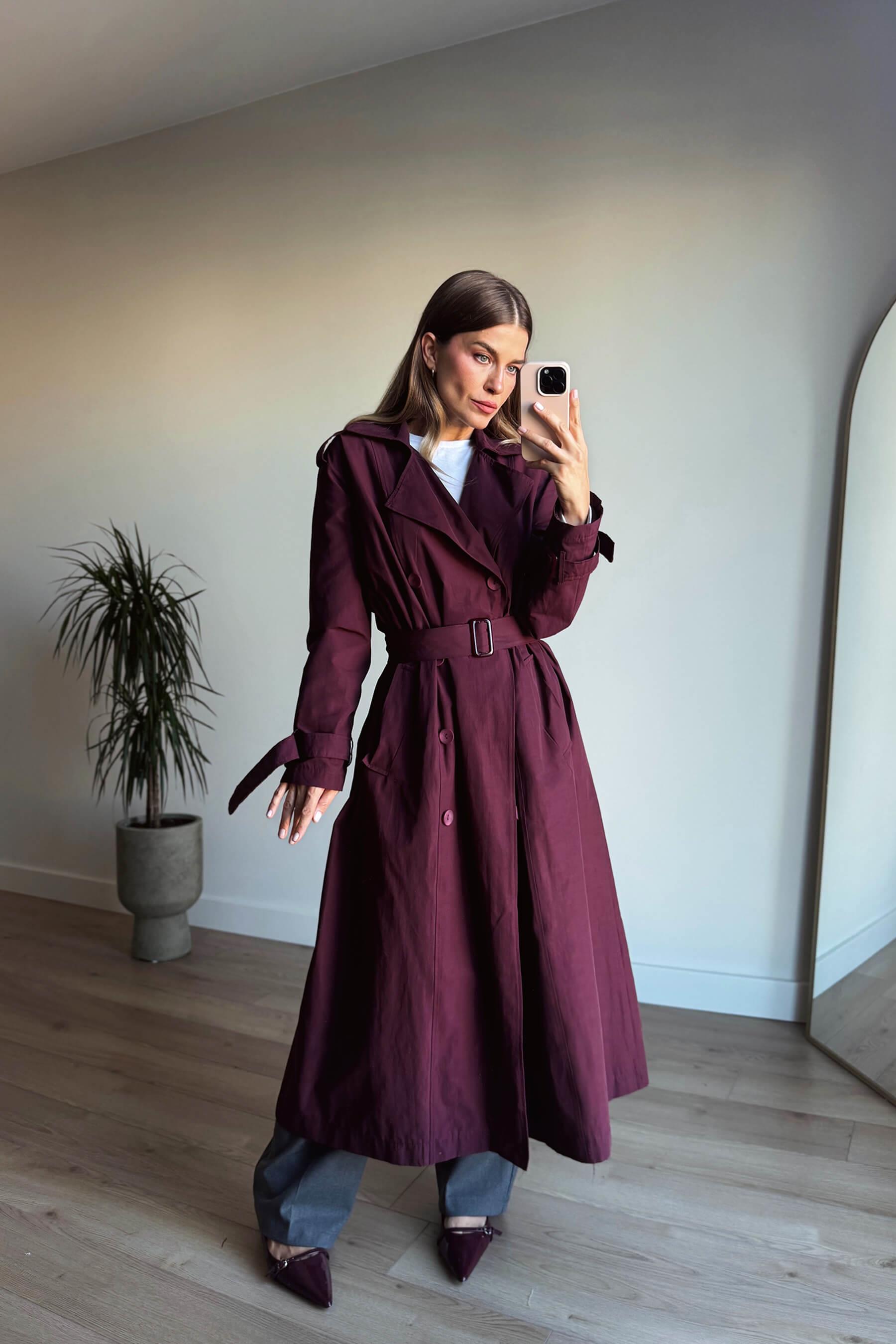 Bordo Önden Büzgülü Düğmeli Astarlı Maxi Oversize Trençkot