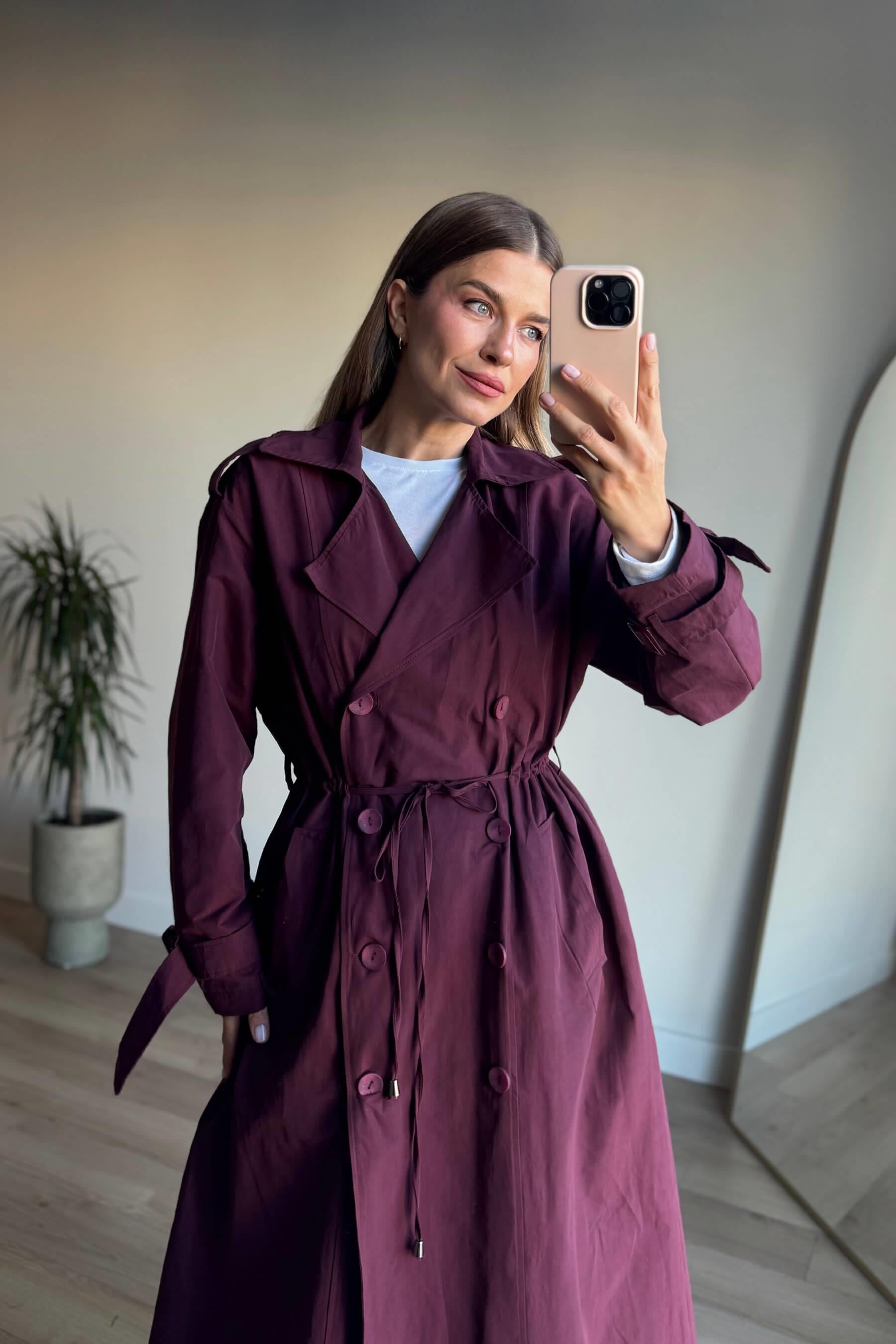 Bordo Önden Büzgülü Düğmeli Astarlı Maxi Oversize Trençkot