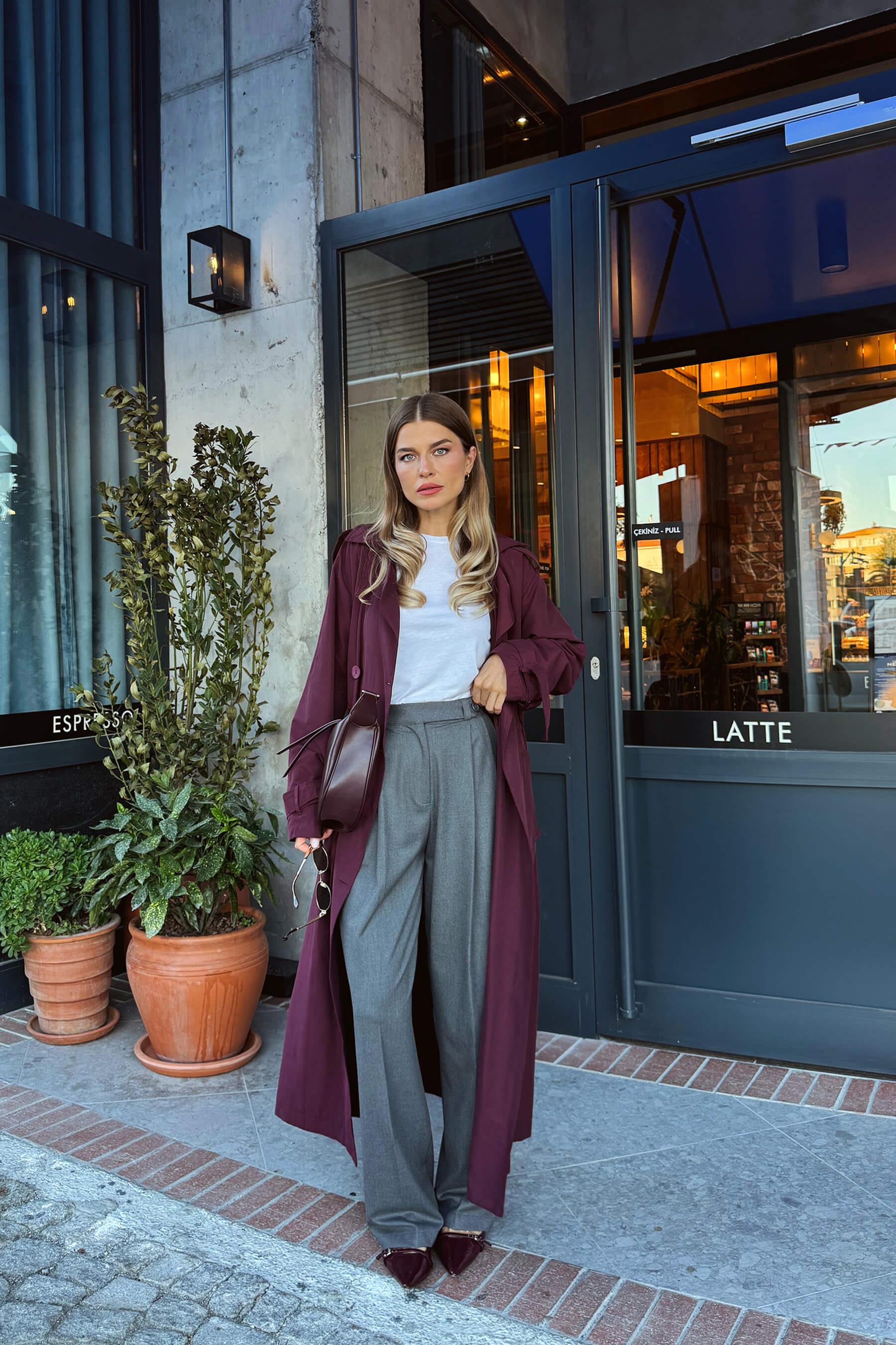 Bordo Önden Büzgülü Düğmeli Astarlı Maxi Oversize Trençkot