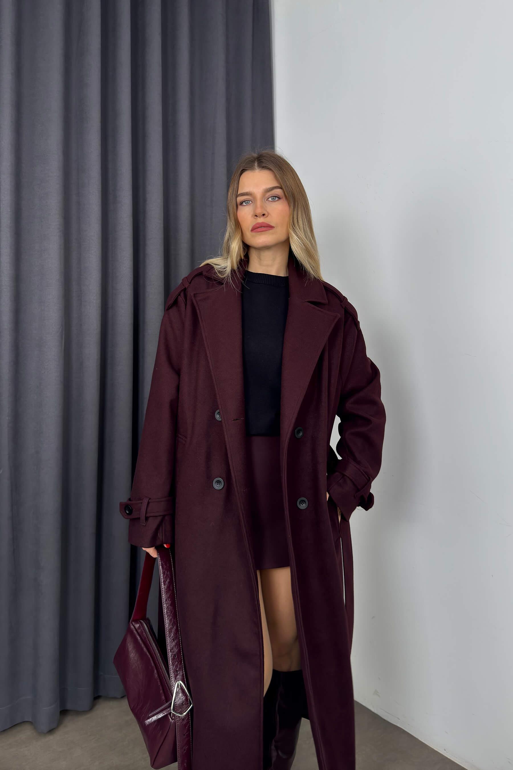 Bordo Önü Düğmeli Astarlı Oversize Kaşe Kaban