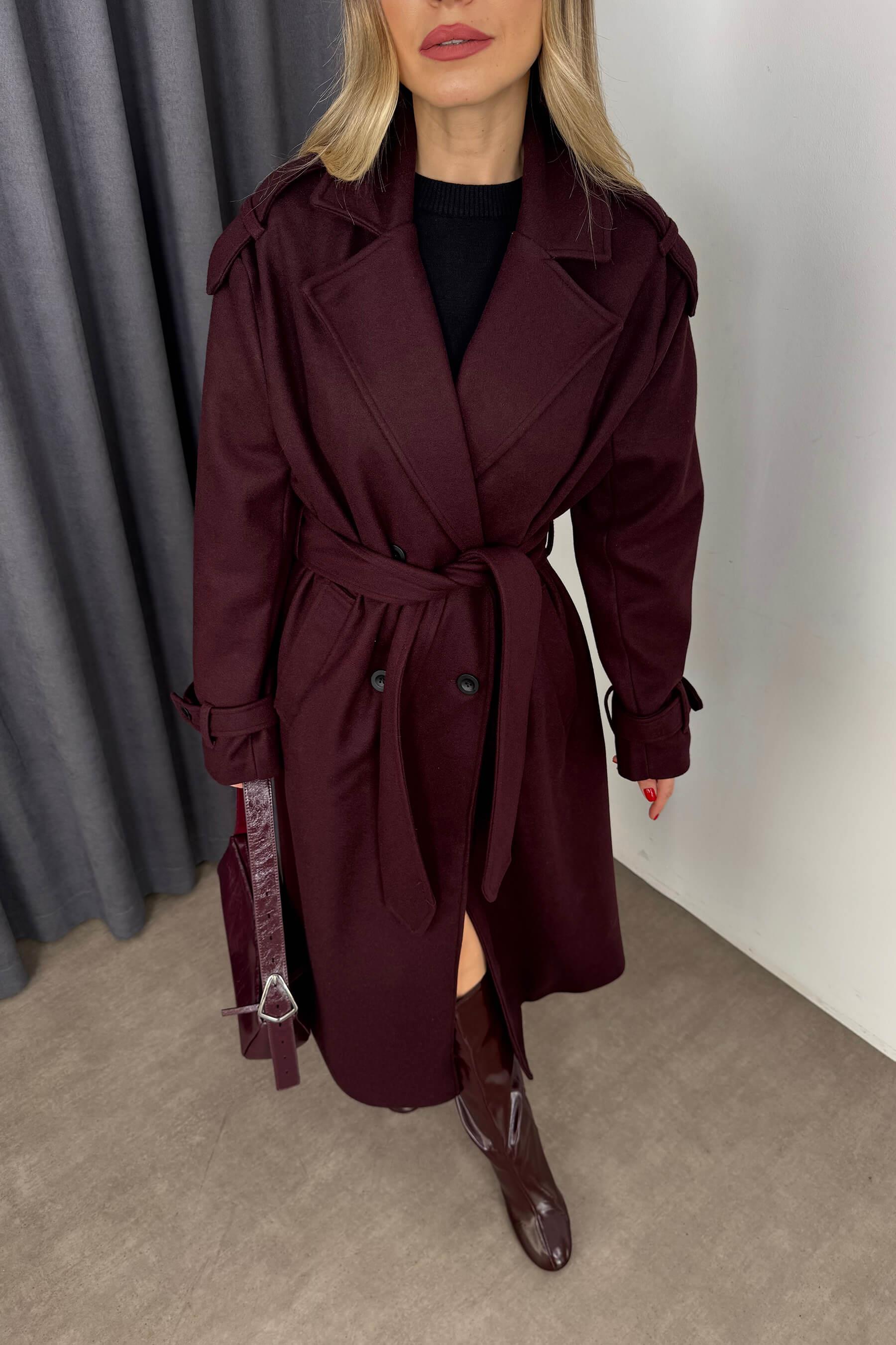 Bordo Önü Düğmeli Astarlı Oversize Kaşe Kaban