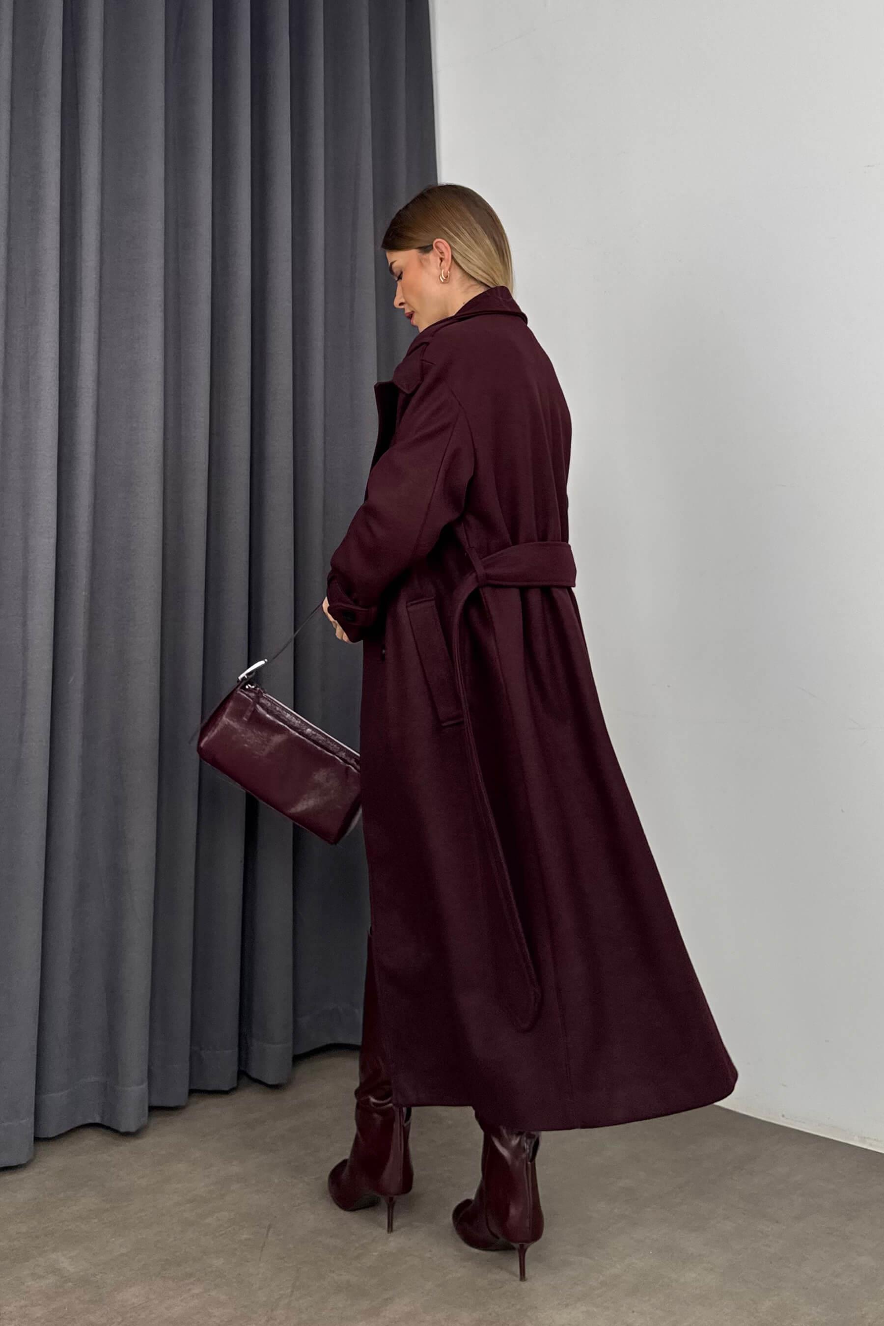 Bordo Önü Düğmeli Astarlı Oversize Kaşe Kaban